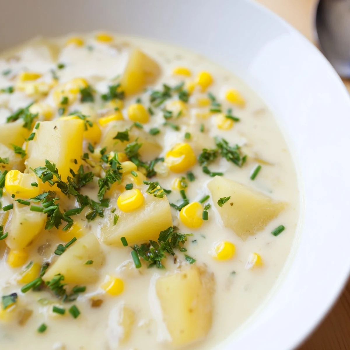 Creamy Corn Chowder with Potatoes served hot in a rustic bowl with a crusty bread slice.