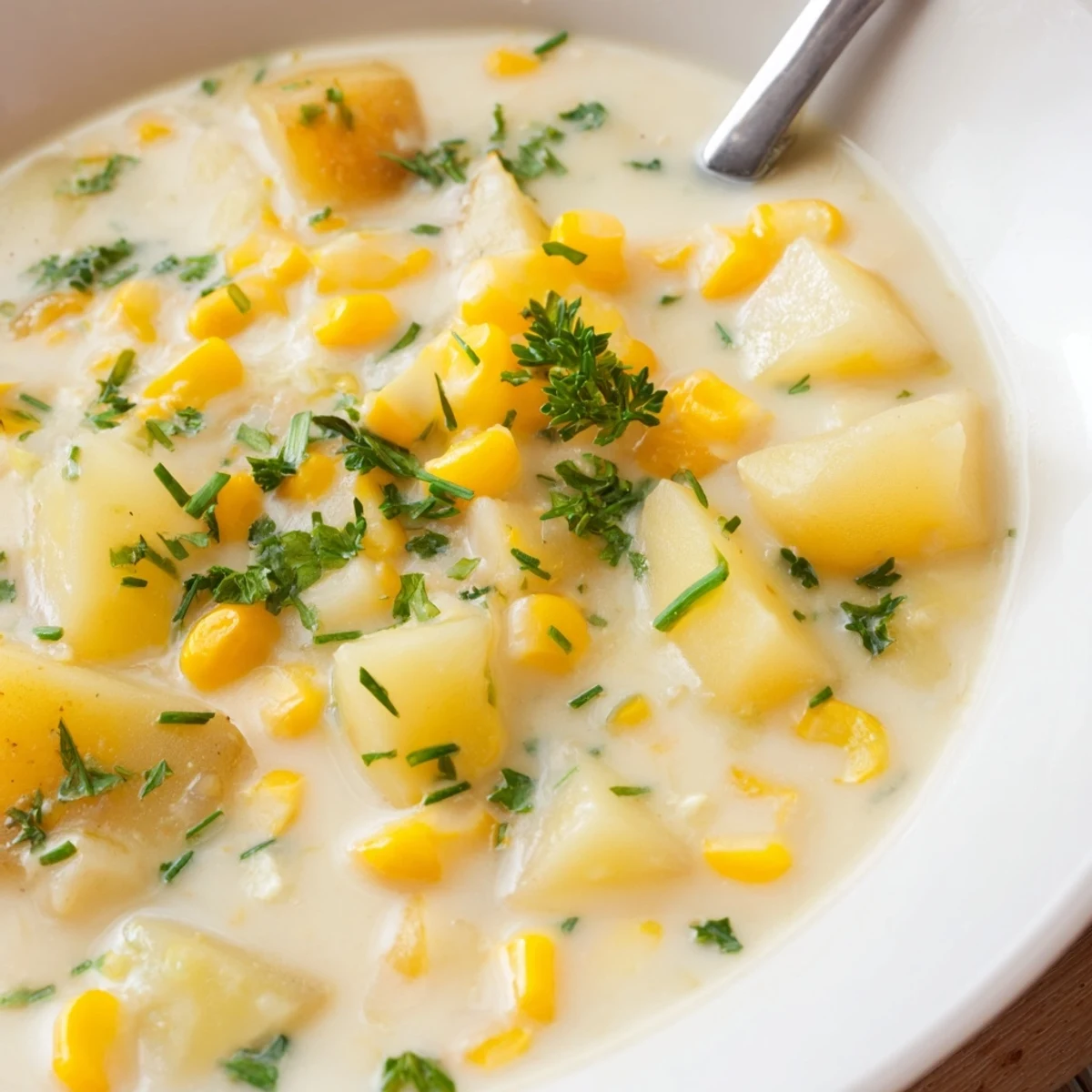 Steam rises from a comforting bowl of Creamy Corn Chowder with Potatoes, ready to enjoy.