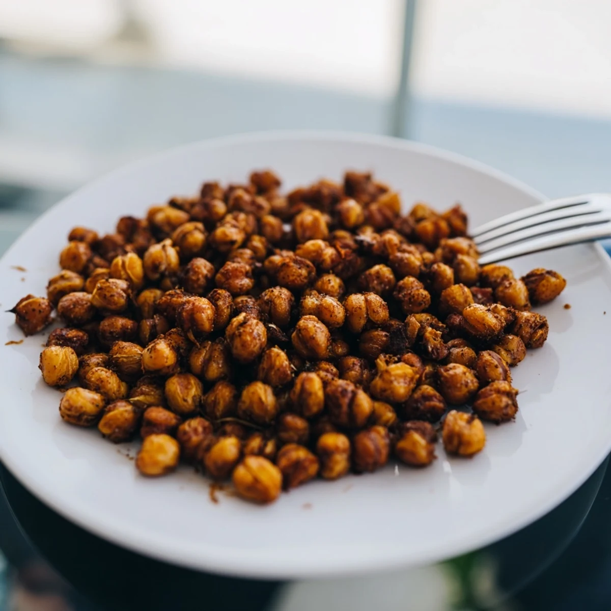 Golden, crispy Cajun Spiced Roasted Chickpeas cooling on a baking sheet, offering a spicy, crunchy snack or salad topper.