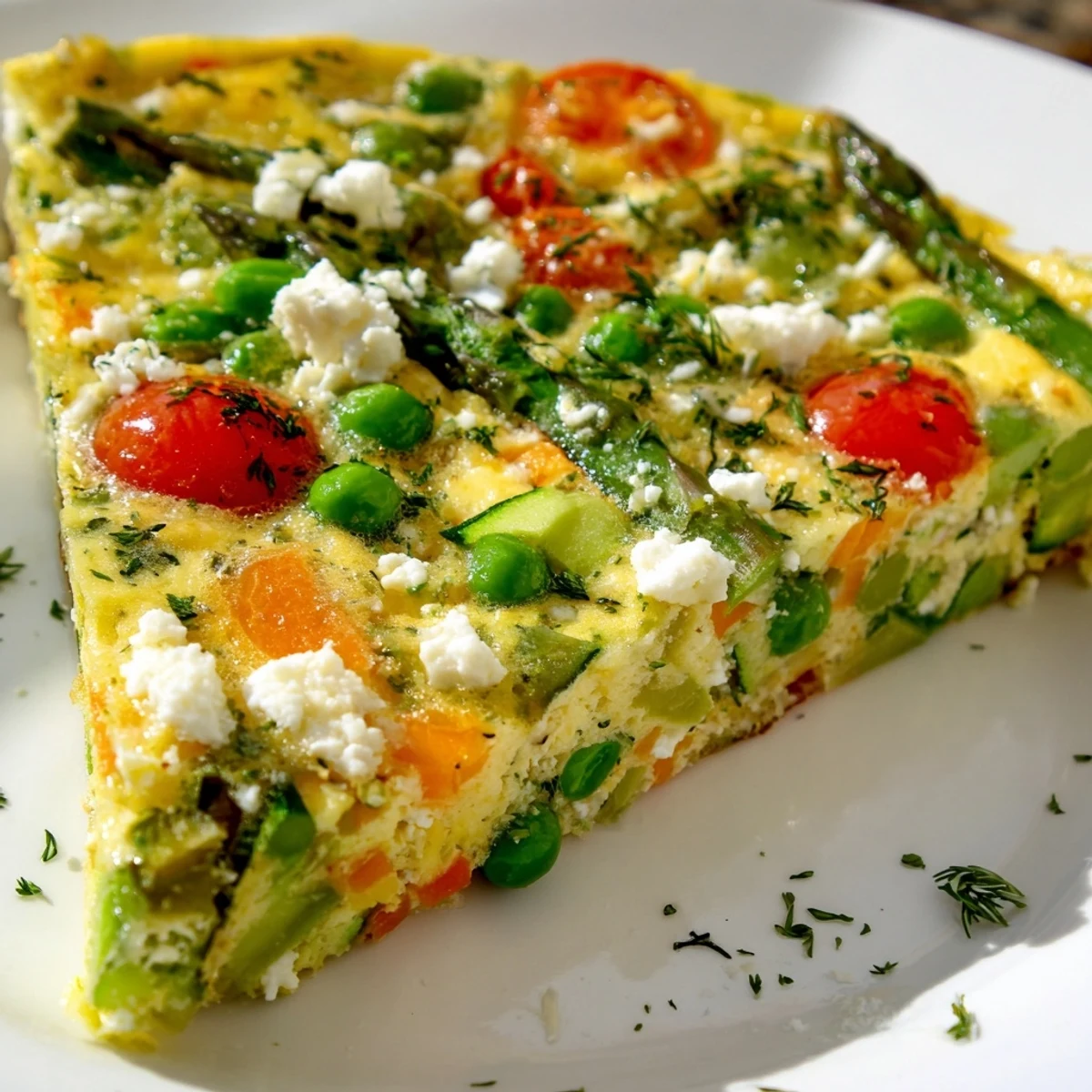 A slice of Spring Vegetable Frittata with Herbs, featuring fluffy eggs, tender asparagus, and creamy goat cheese on a plate.
