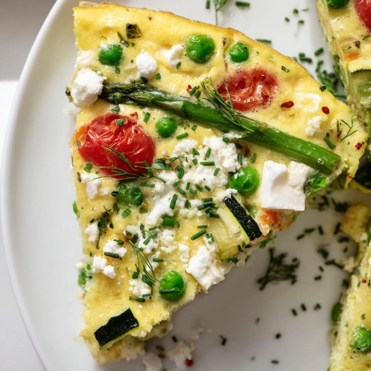 A close-up of Spring Vegetable Frittata with Herbs, garnished with fresh chives and served with a bright side salad.