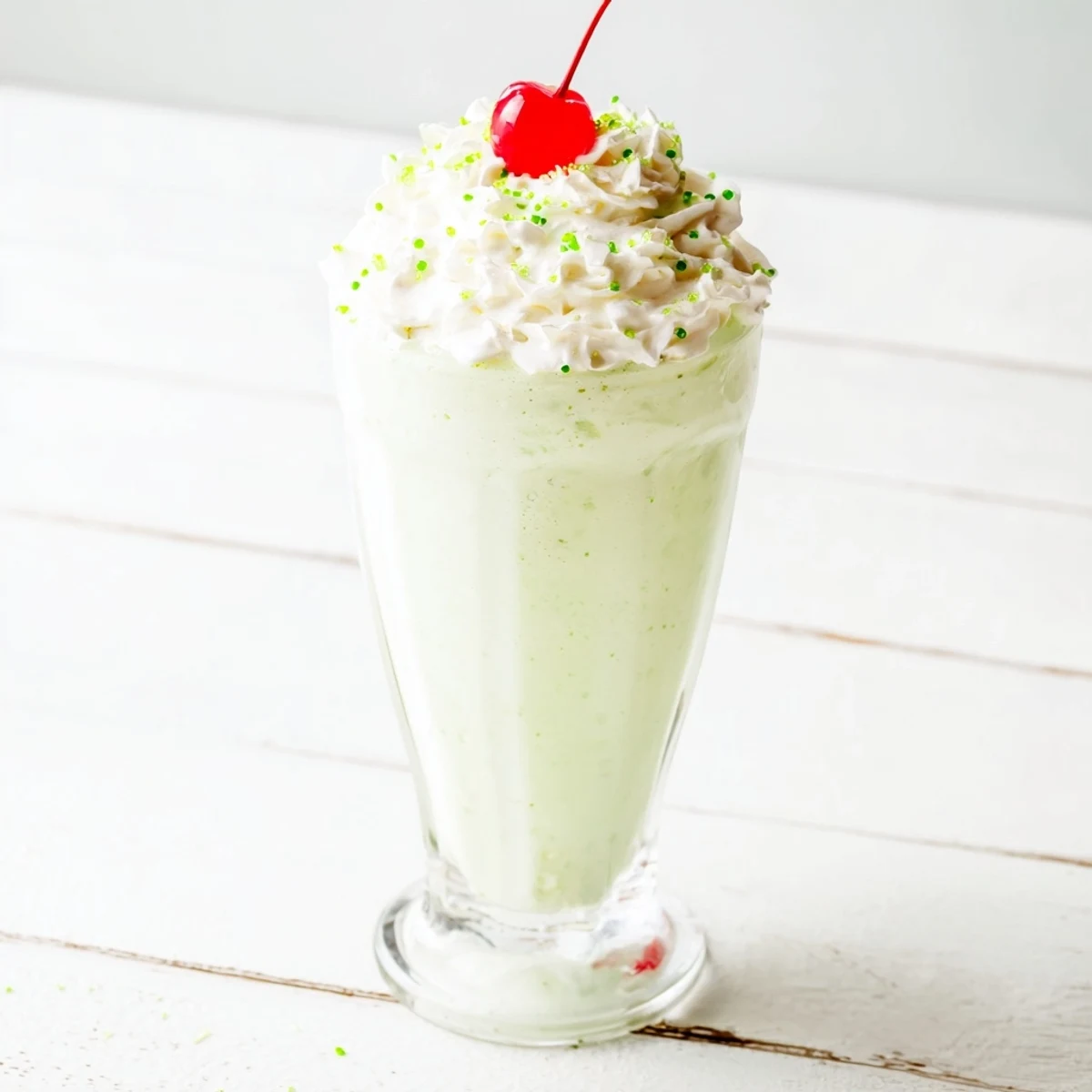A creamy green Homemade Copycat Shamrock Shake swirls with rich vanilla ice cream and minty freshness, ready to be served with a straw.