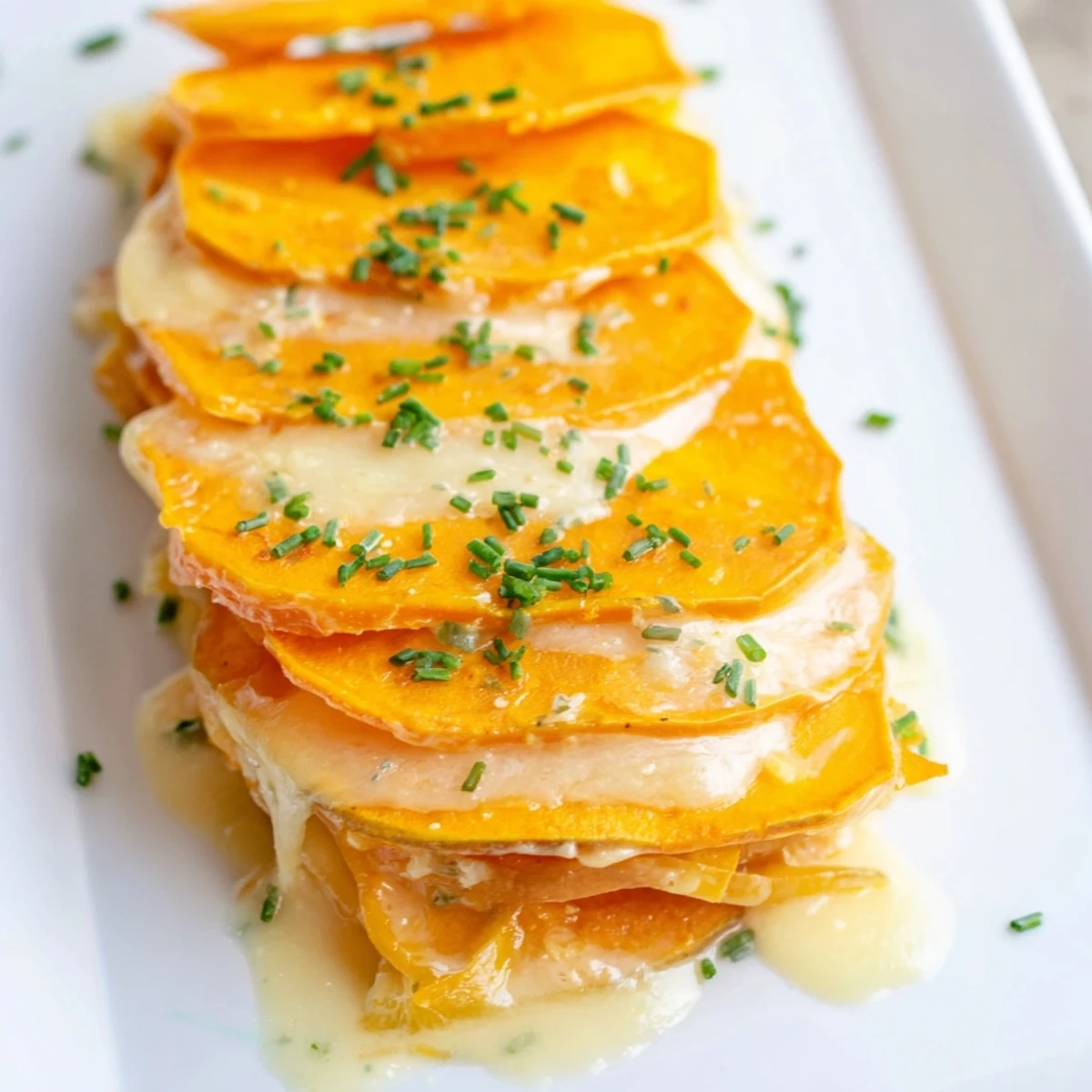 Golden baked slices of Cheesy Sweet Potato Gratin with Caramelized Onions Delight, topped with bubbly Gruyère and fresh chives on a rustic table.  