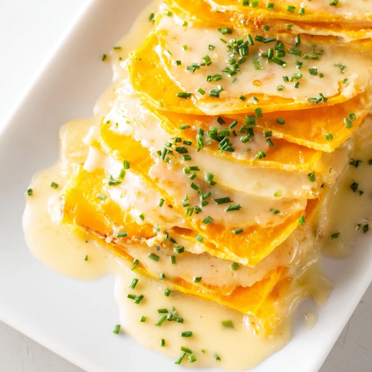 Steaming serving of Cheesy Sweet Potato Gratin with Caramelized Onions Delight plated with a green salad and glass of white wine.