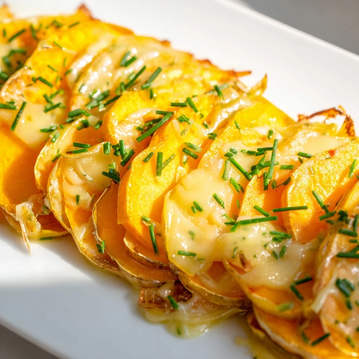 A close-up view of Cheesy Sweet Potato Gratin with Caramelized Onions Delight featuring creamy layers and rich golden-brown cheese crust.  