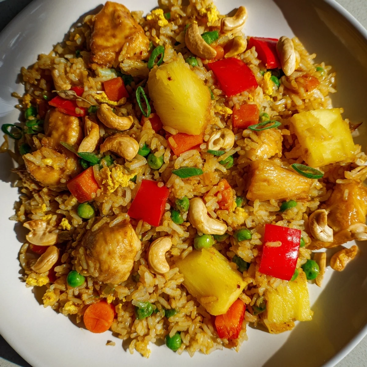 In a hot wok, Pineapple Chicken Fried Rice with Cashews is tossed with green onions and crunchy cashews, served with fresh lime wedges on the side.