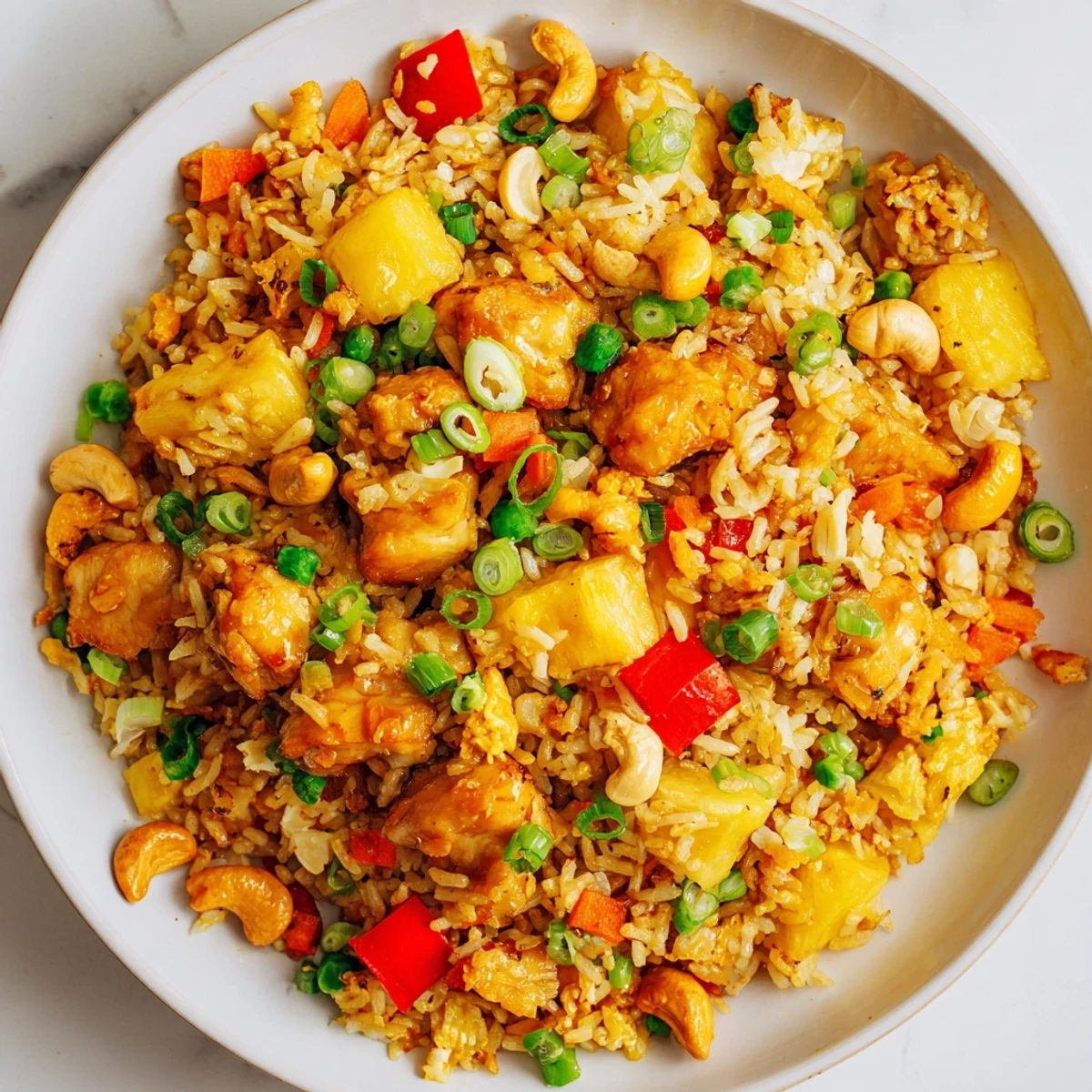 A vibrant serving of Pineapple Chicken Fried Rice with Cashews features golden scrambled eggs, colorful veggies, and a sprinkle of cashews on a white plate.