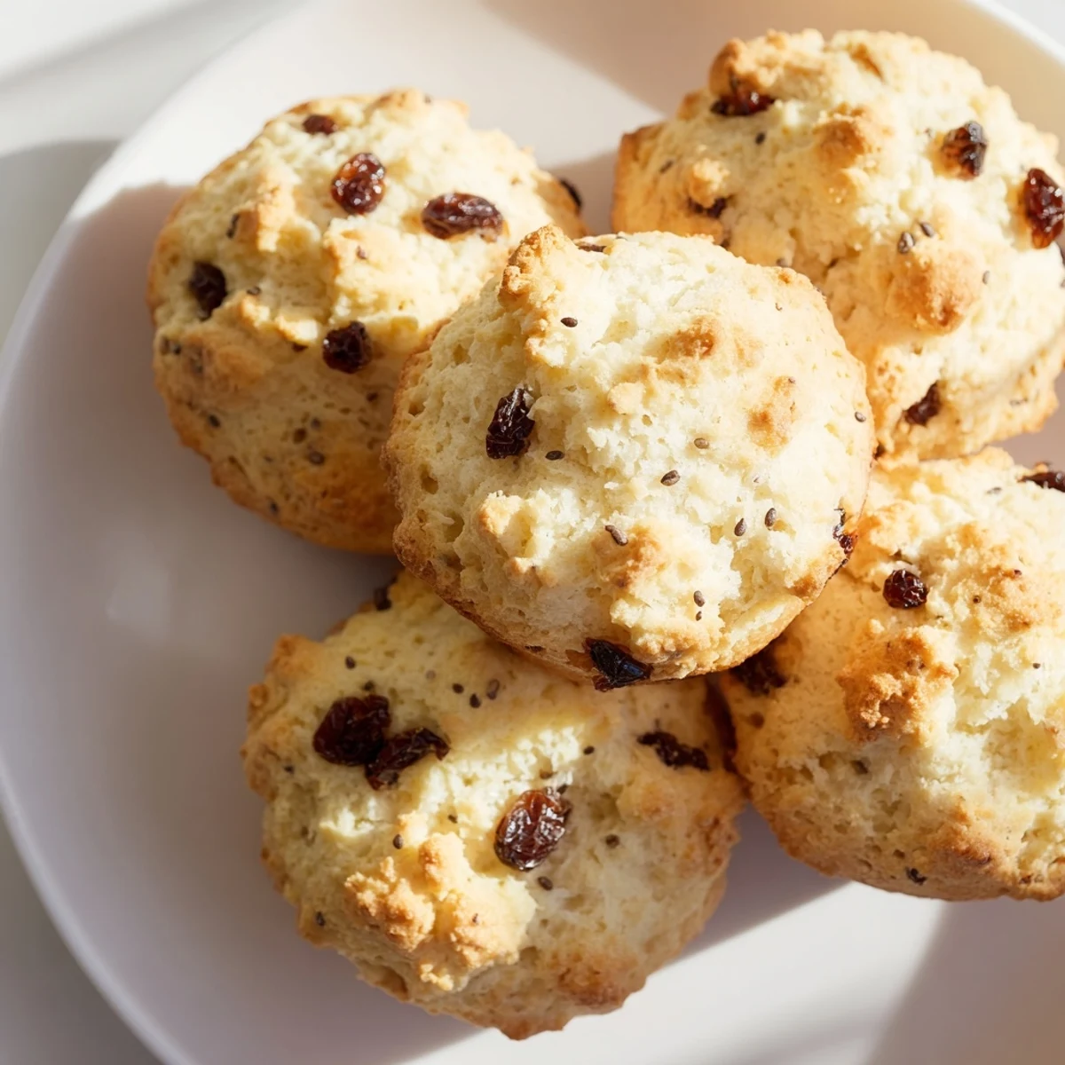 Freshly baked Mini Irish Soda Bread Muffins with a golden-brown crust and raisins peeking through the crumb, served warm on a wooden board.