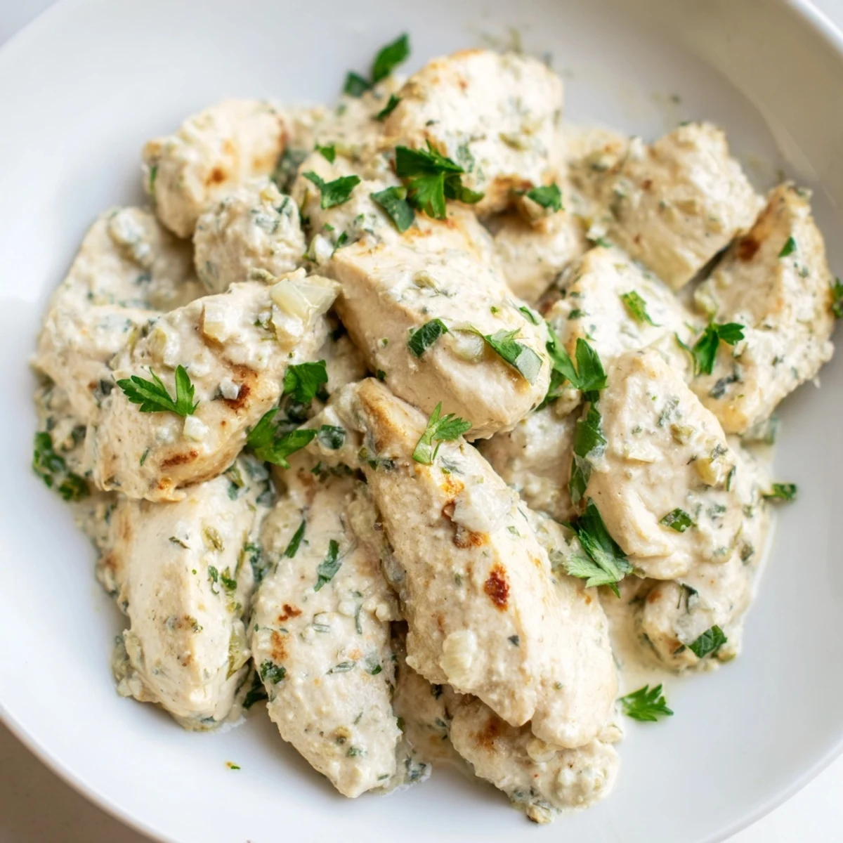 Creamy Boursin Chicken served over fluffy mashed potatoes with fresh parsley garnish.