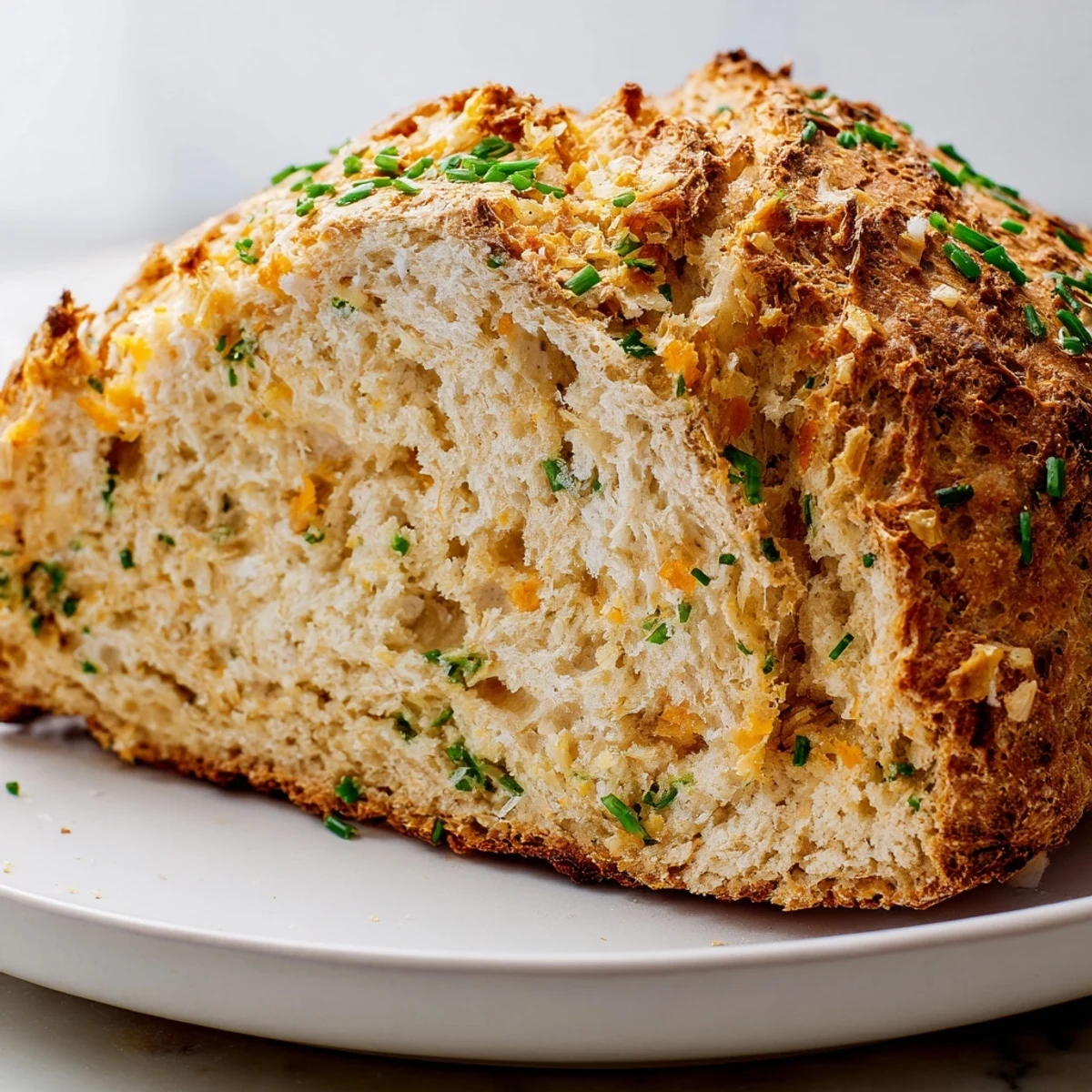 A close-up of Savory Cheddar & Chive Irish Soda Bread with a golden, cheesy crust and fresh green chive specks.