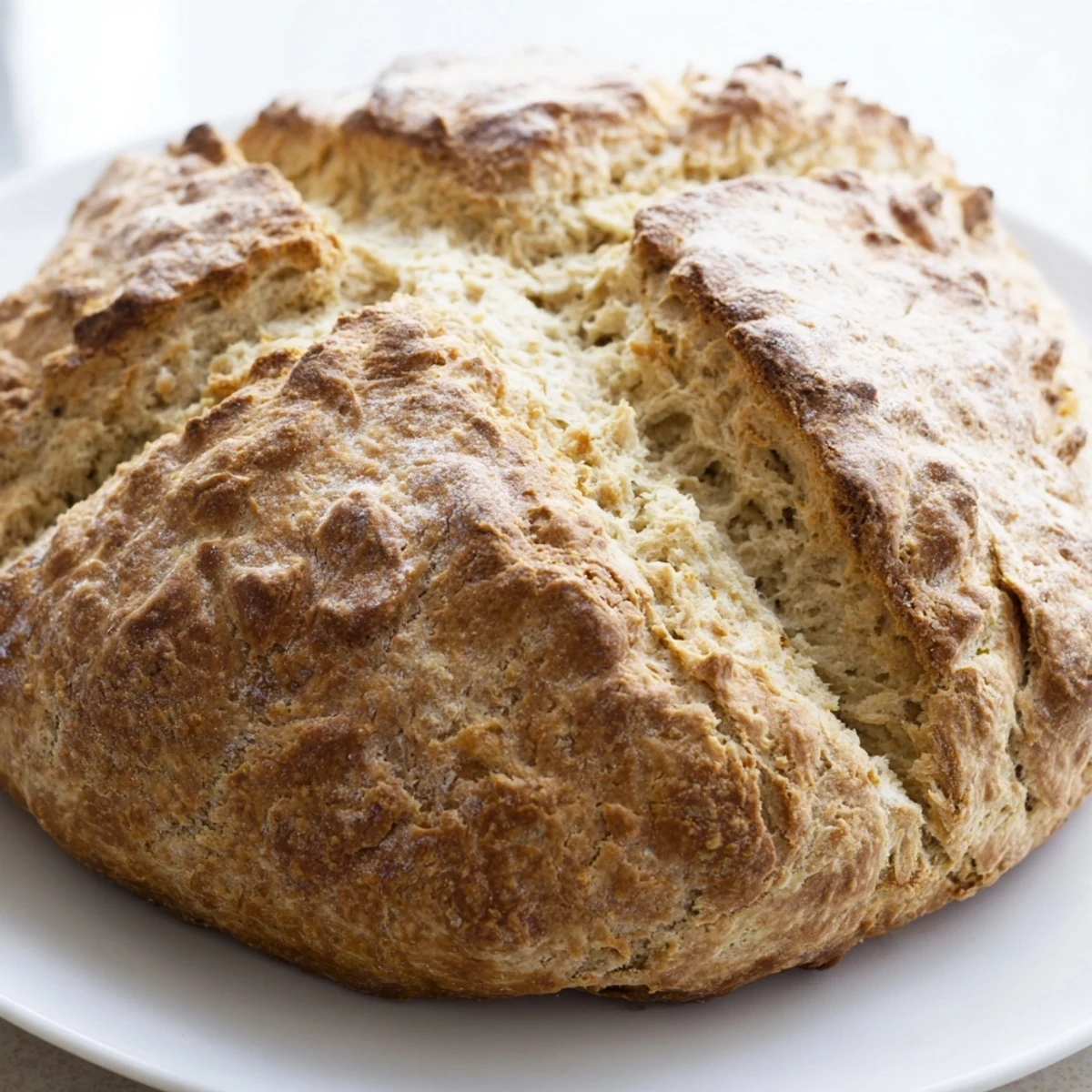 Golden-brown Authentic 4-Ingredient Irish Soda Bread cooling on a wire rack, sliced to reveal the interior.