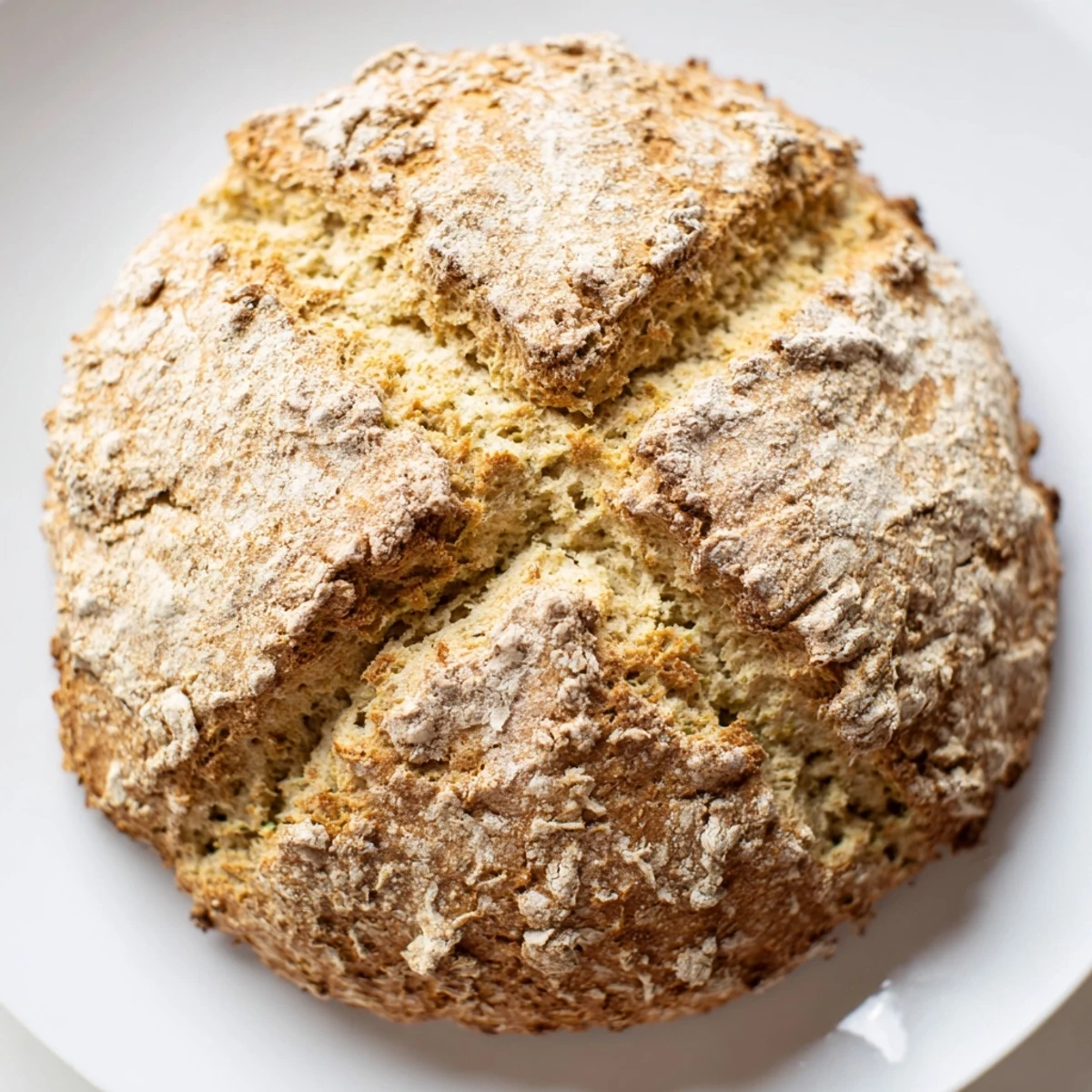 Rustic Authentic 4-Ingredient Irish Soda Bread with a deep cross cut, served warm with butter on a wooden board.
