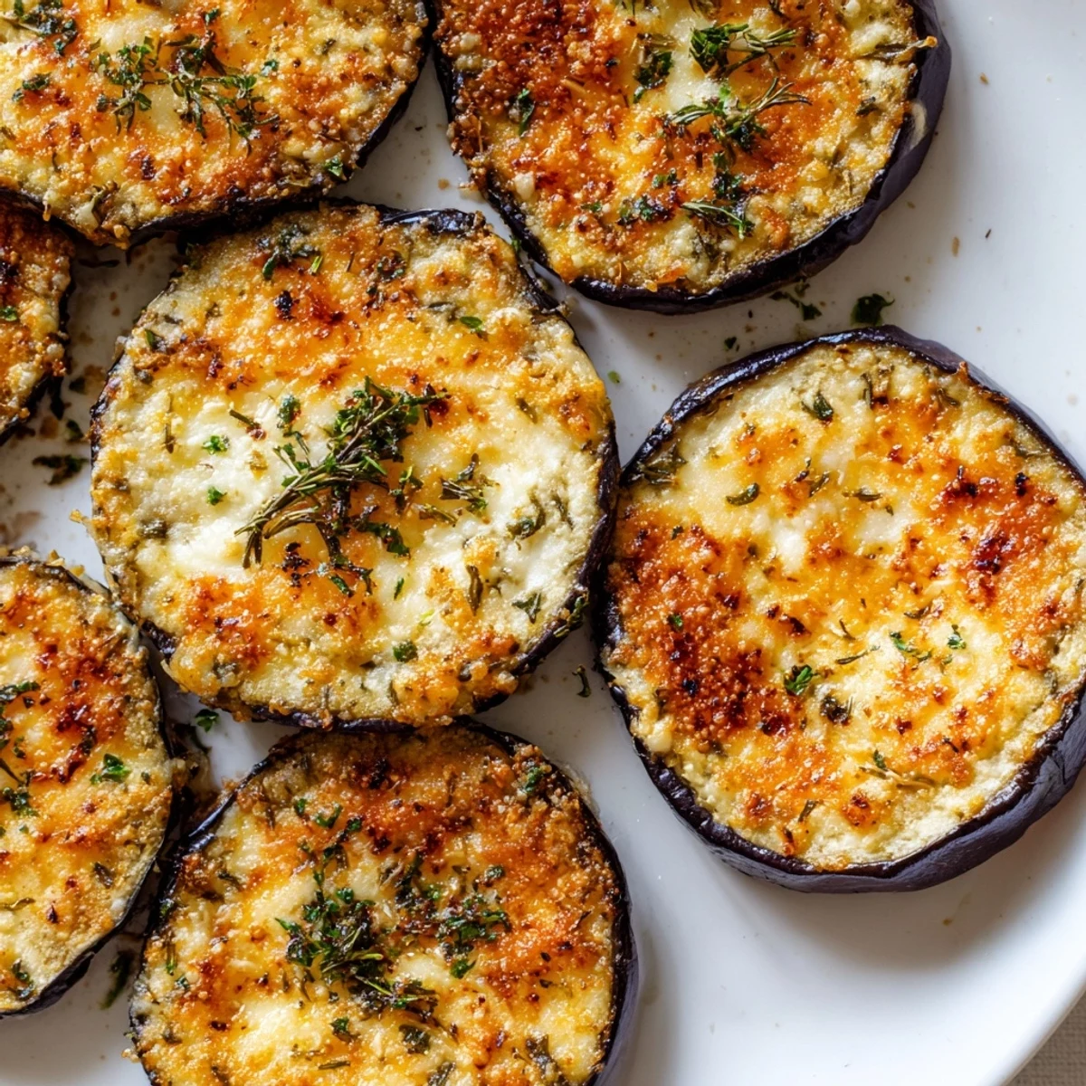 Golden roasted eggplant slices topped with crispy Parmesan and Mediterranean herbs on a white plate, served as a vegetarian appetizer.
