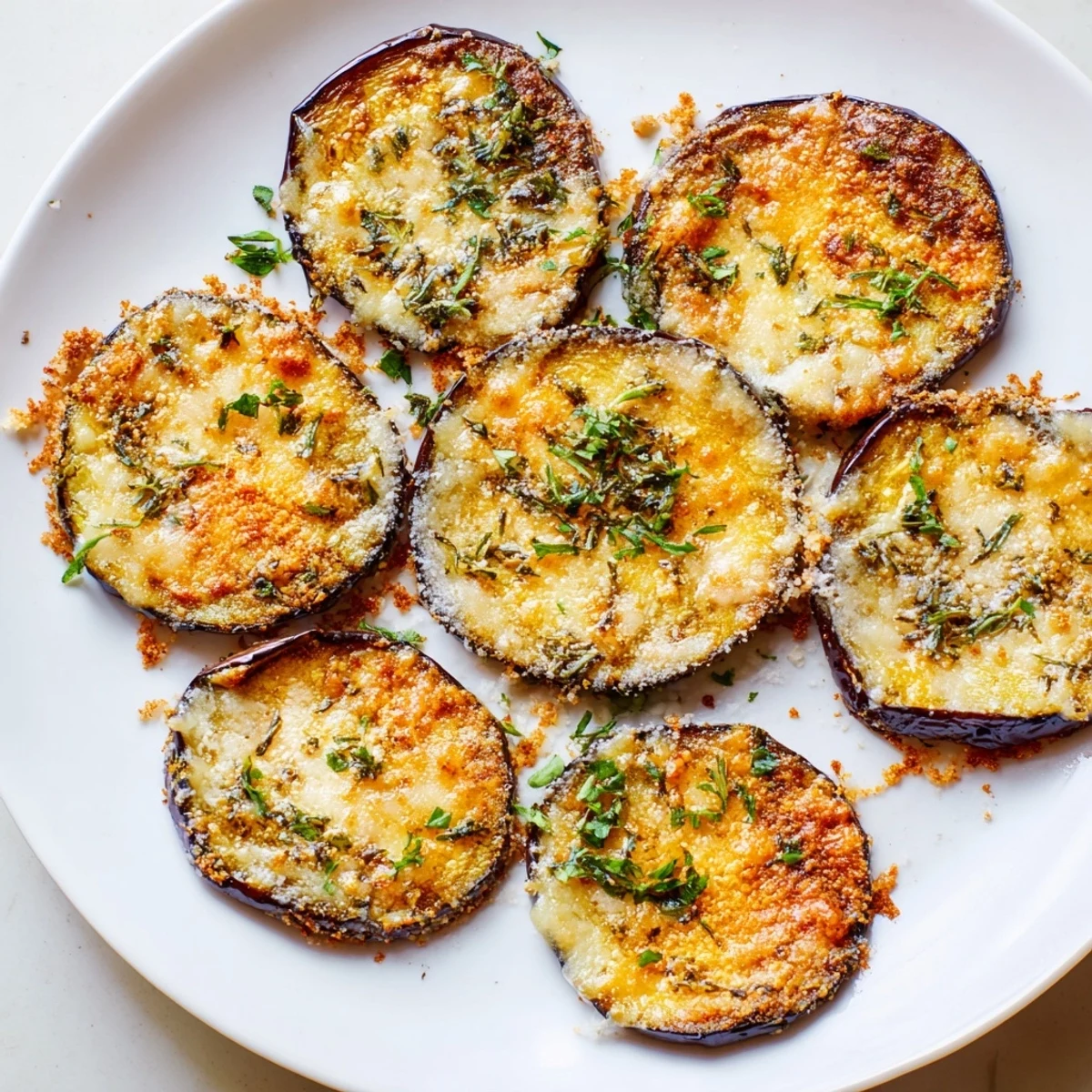 Mediterranean Roasted Eggplant & Parmesan Crisps finished with fresh parsley and lemon wedges on a marble countertop.