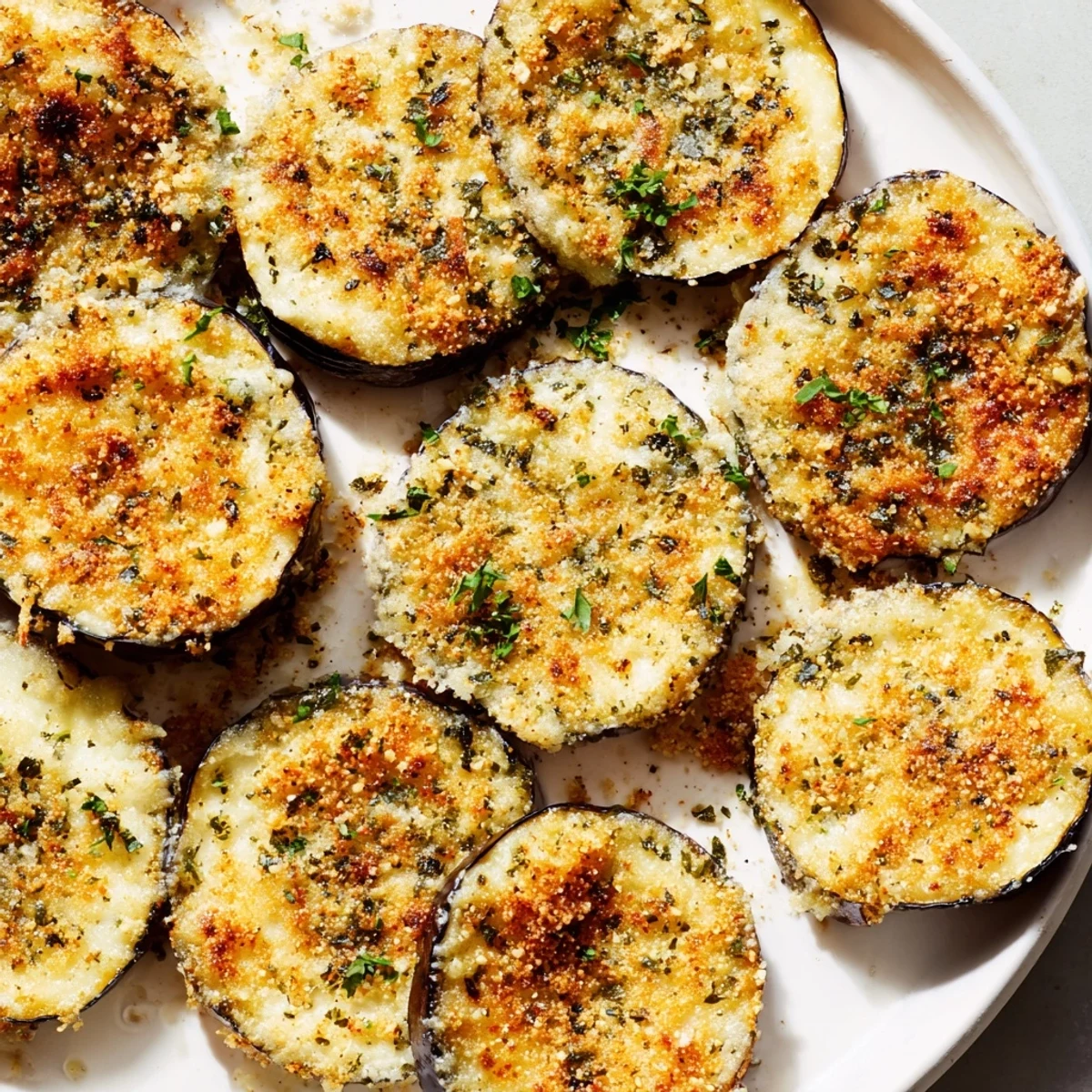 A close-up of Mediterranean Roasted Eggplant & Parmesan Crisps highlighting bubbly cheese and tender golden eggplant rounds.