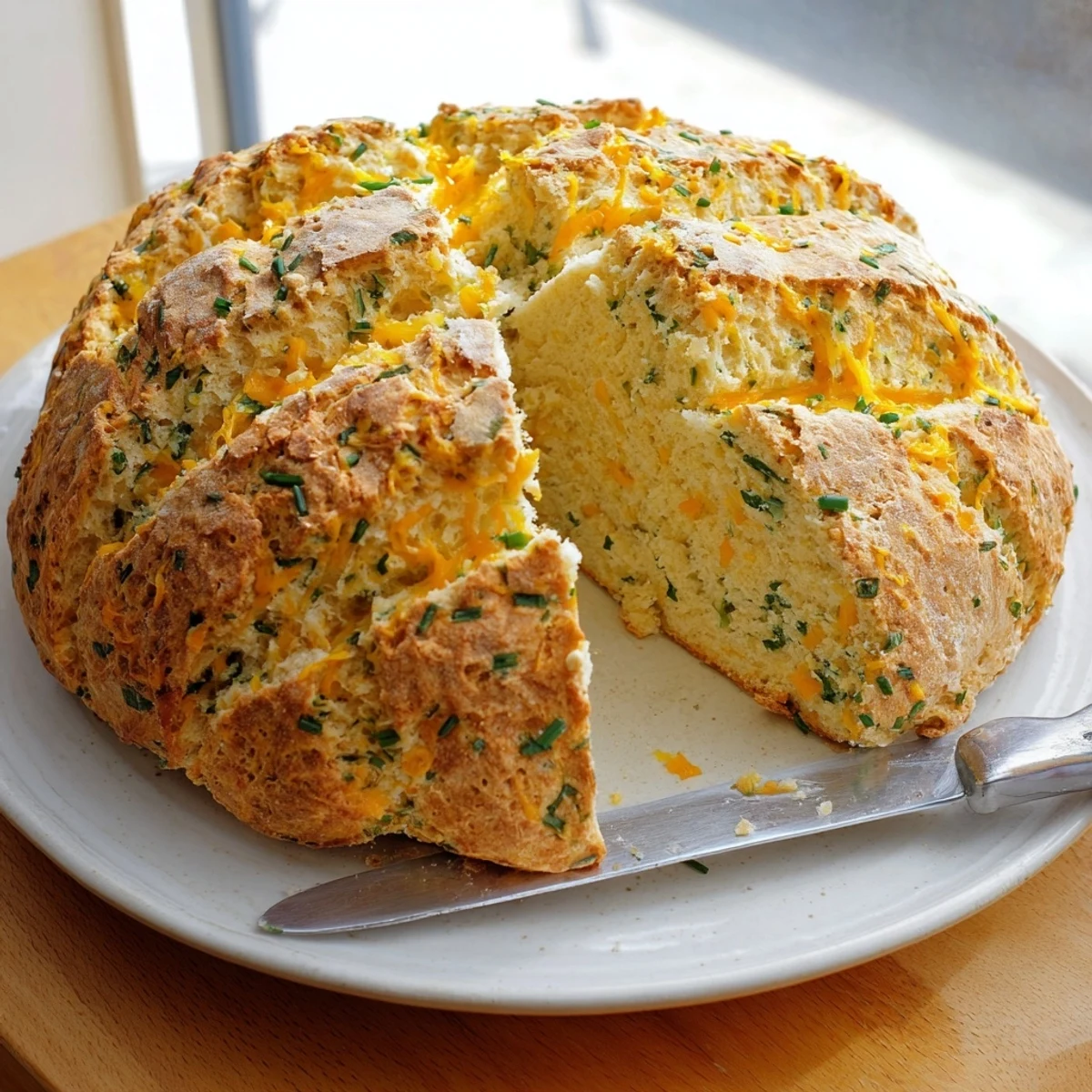 A golden Savory Herbed Cheddar Irish Soda Bread loaf with deep X cut on top, ready for soup.