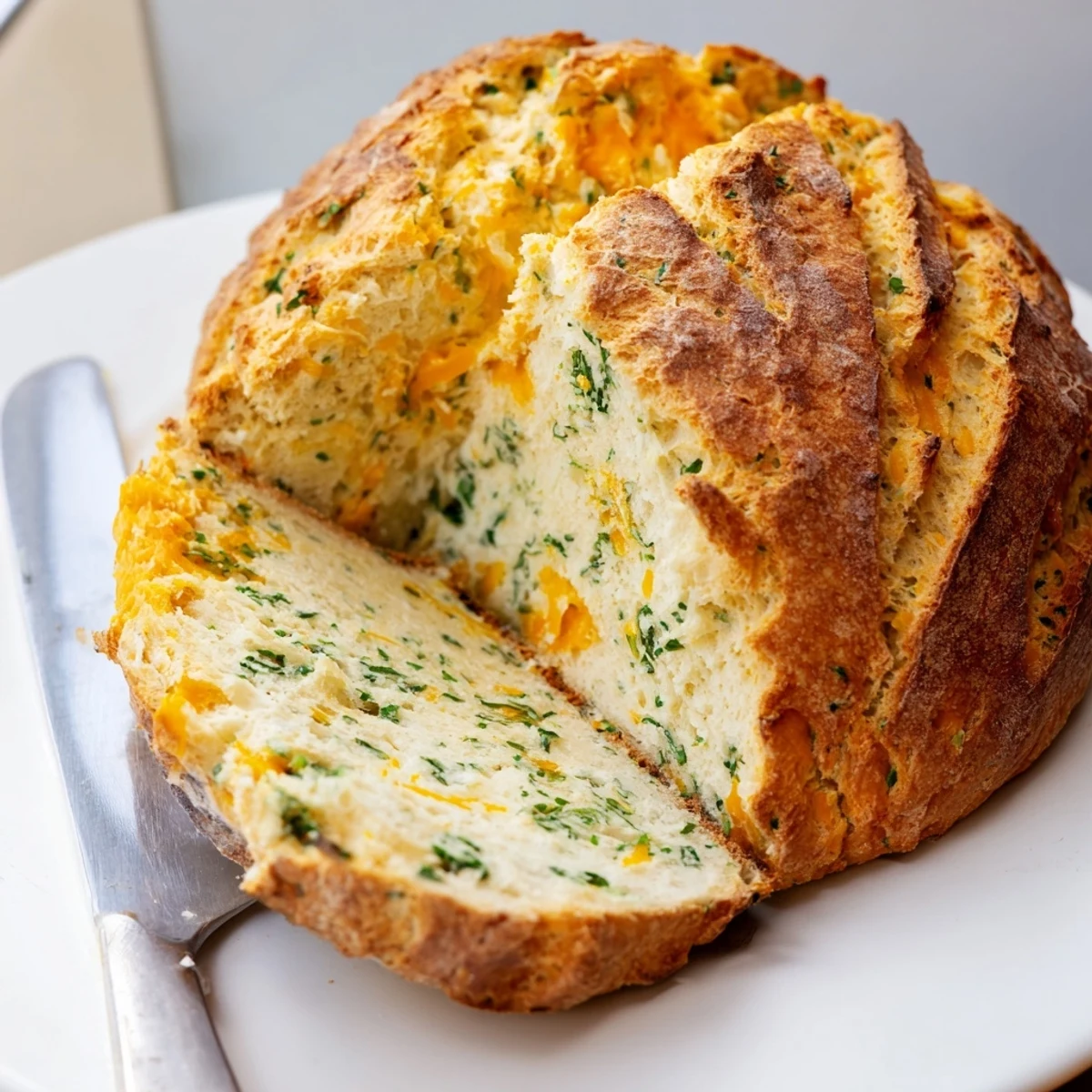 Sliced Savory Herbed Cheddar Irish Soda Bread showing melted cheese and herbs, served with salted butter.