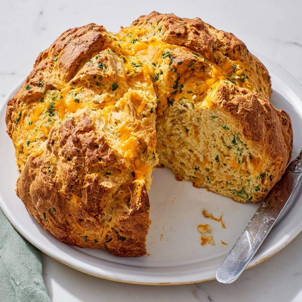 Freshly baked Savory Herbed Cheddar Irish Soda Bread with a golden crust on a rustic wooden board.