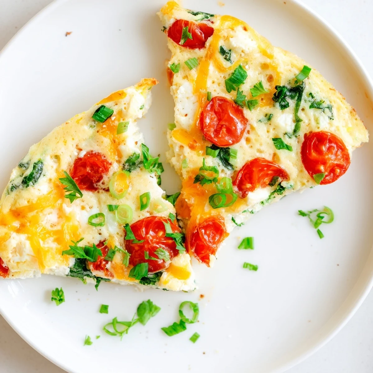 Freshly baked Simple Cottage Cheese Frittata with golden eggs, spinach, and cherry tomatoes on a plate.