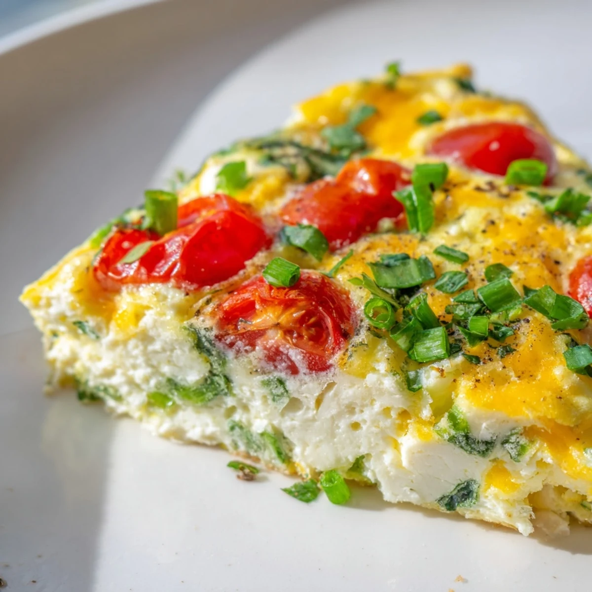 Easy vegetarian Simple Cottage Cheese Frittata baked in a skillet with melted cheddar and green onions.