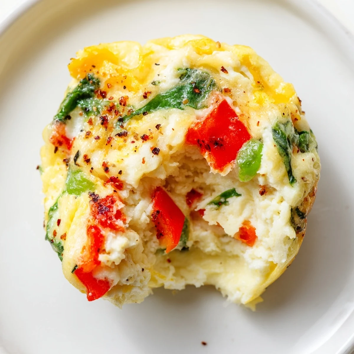 Freshly baked Cottage Cheese Egg Bites emerge from the oven with a fluffy, golden-brown texture and speckles of green spinach and red bell pepper.  