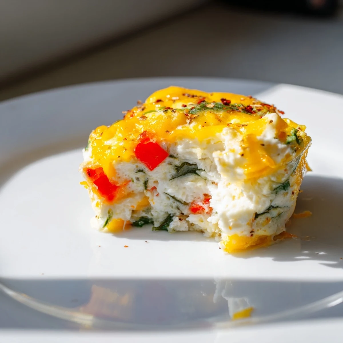 A close-up view of Cottage Cheese Egg Bites in a muffin tin, revealing creamy interiors and melted cheddar cheese topping.  