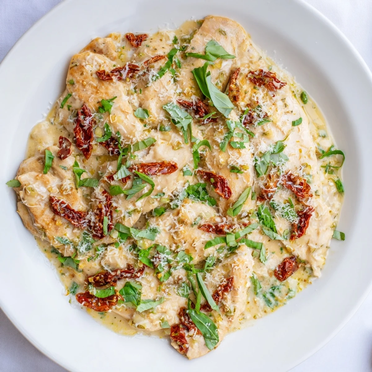 Tender shredded chicken in creamy parmesan sauce with sun-dried tomatoes served over pasta for a cozy meal.