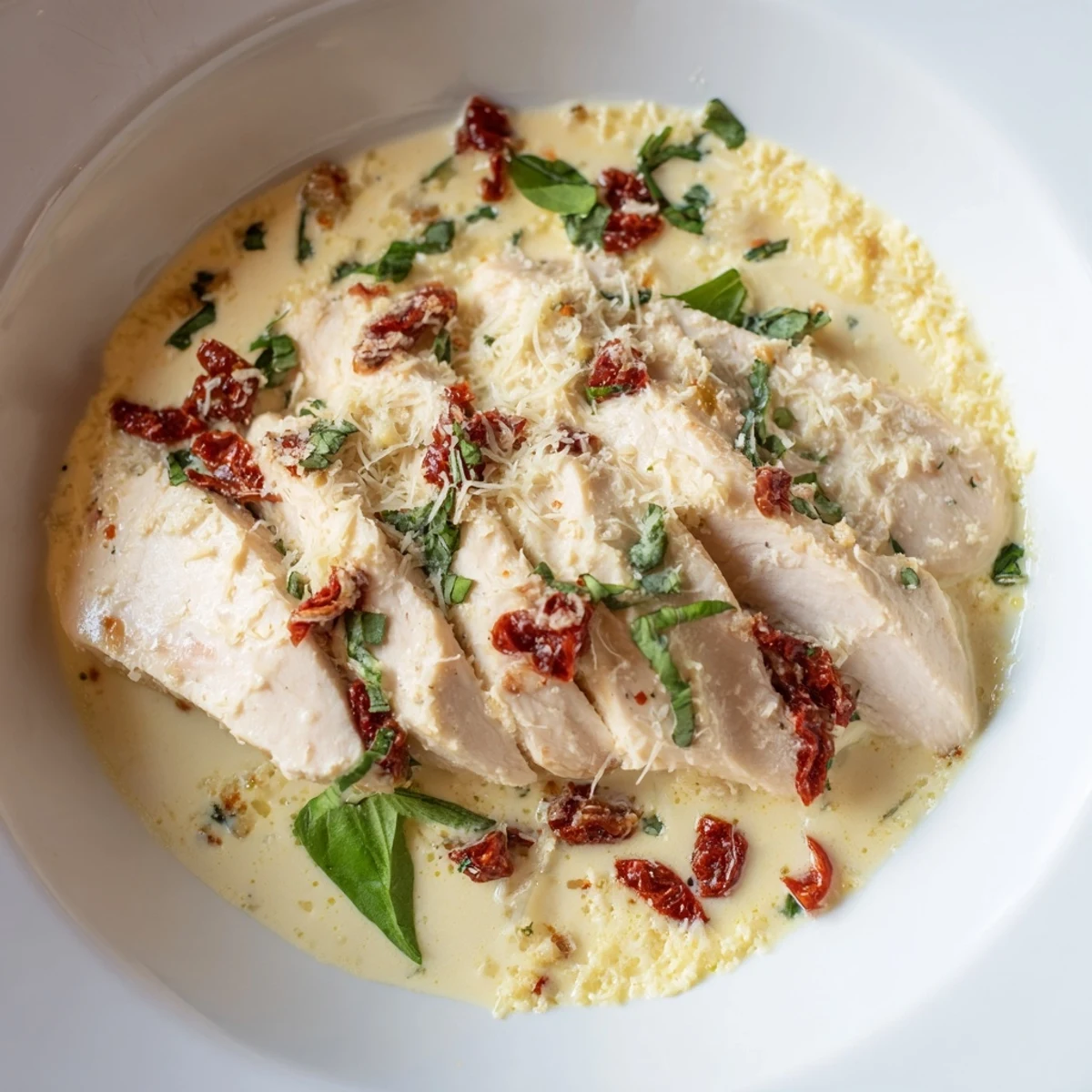 Slow cooker creamy chicken with sun-dried tomatoes and parmesan served over cauliflower rice for a gluten-free main dish.