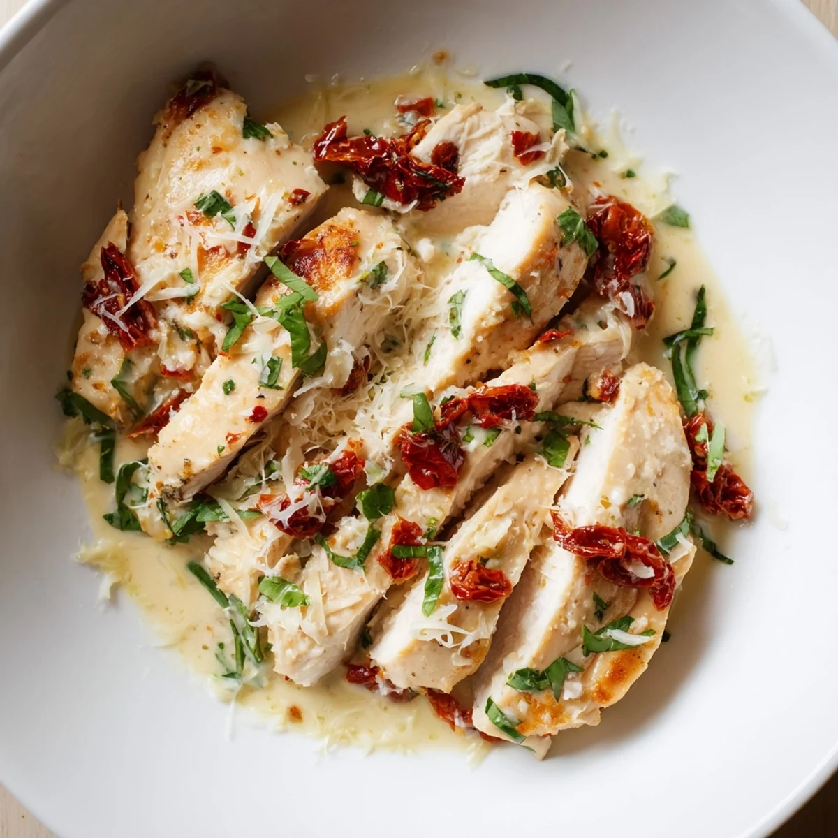 Marry Me High Protein Crockpot Chicken garnished with fresh basil beside quinoa for a healthy high protein dinner.