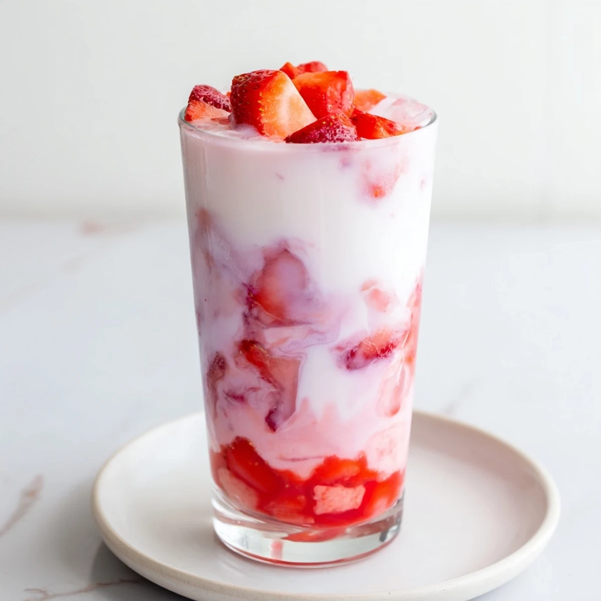 A glass of Cafe Style Korean Strawberry Milk swirled with creamy cold milk and sweet red strawberry sauce.