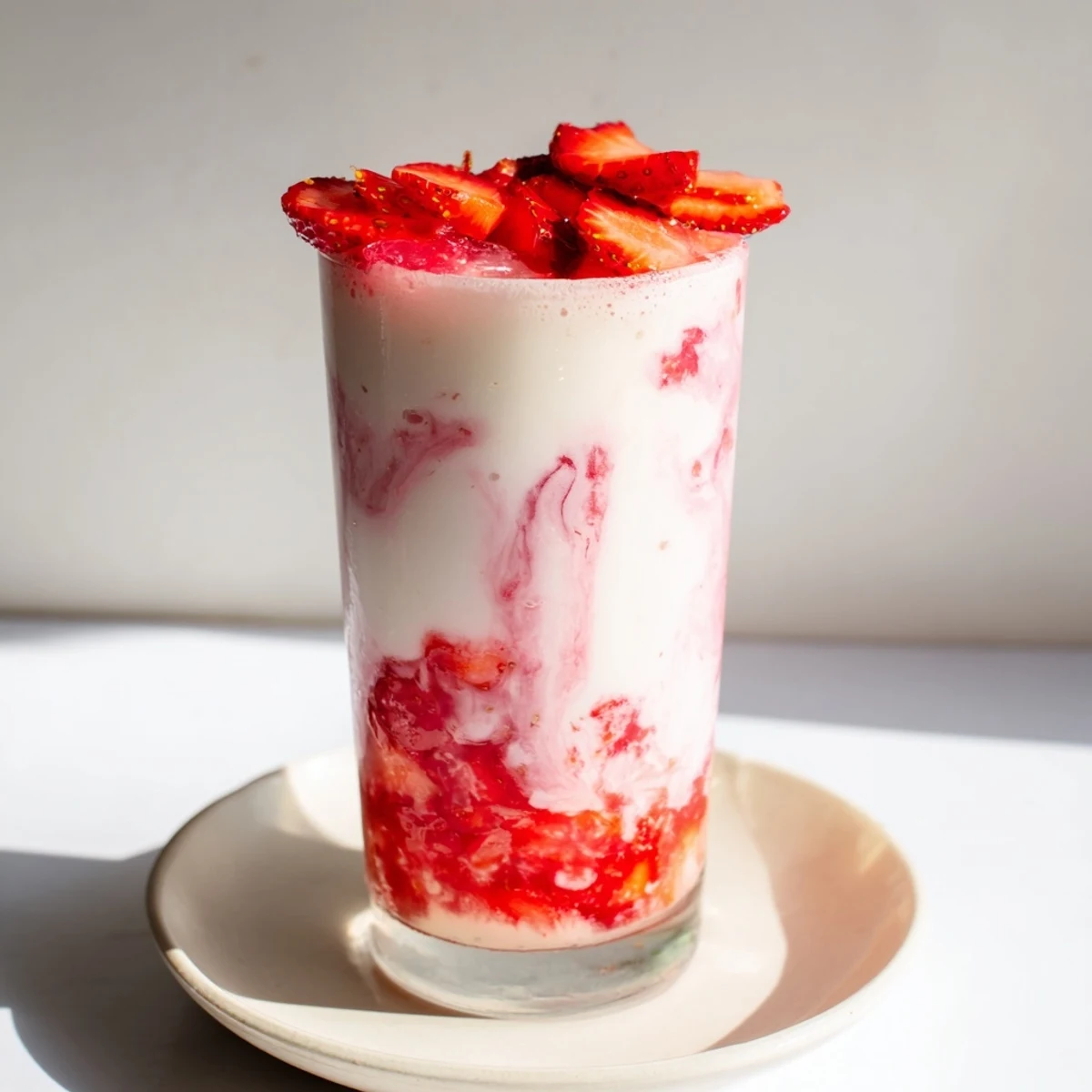 Close-up of Cafe Style Korean Strawberry Milk with sliced fresh strawberries, ice cubes, and a refreshing chilled look.