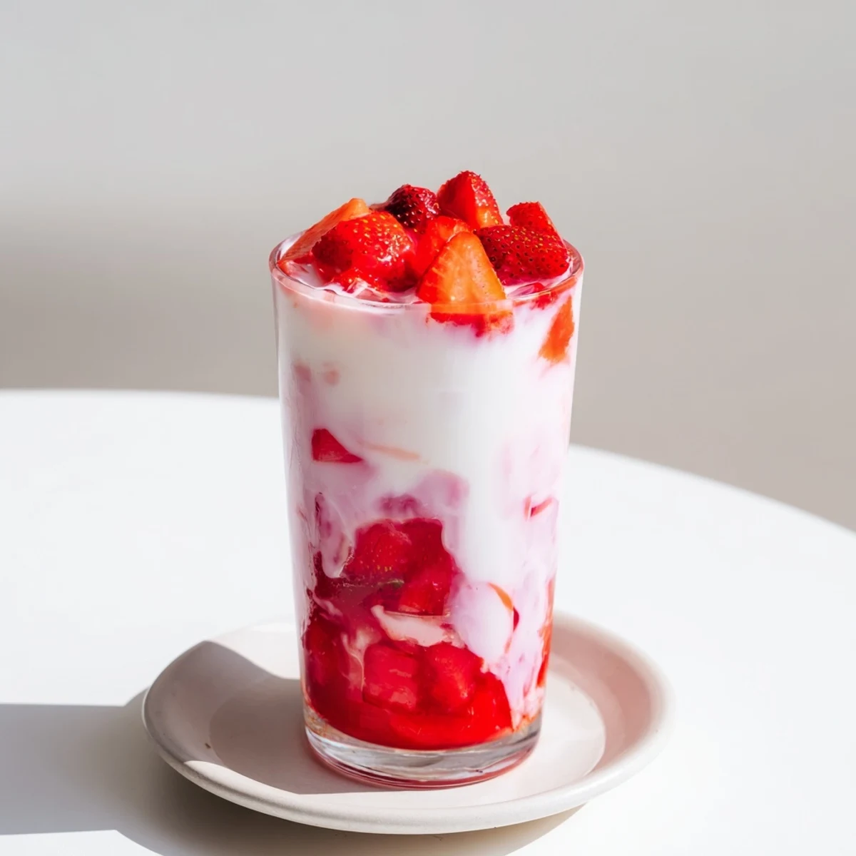 Homemade Cafe Style Korean Strawberry Milk served tall with vibrant layers and a dessert-like, creamy strawberry aroma.