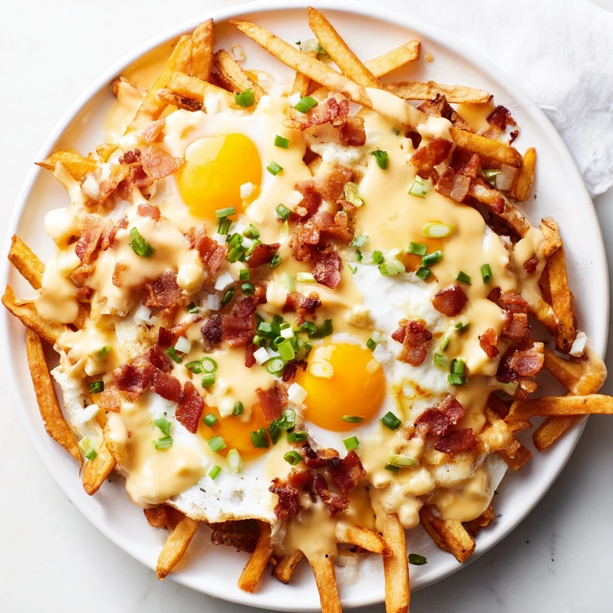 Golden crispy fries topped with melty cheese curds, sunny-side up eggs, and crumbled bacon on Ultimate Breakfast Poutine with Creamy Hollandaise Sauce.