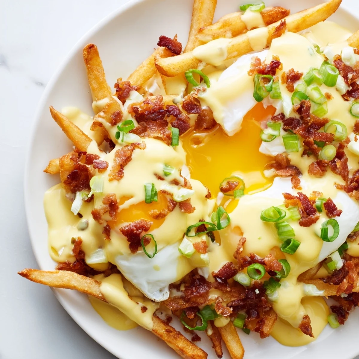 A hearty serving of Ultimate Breakfast Poutine with Creamy Hollandaise Sauce featuring savory toppings and a rich sauce for a delicious brunch.