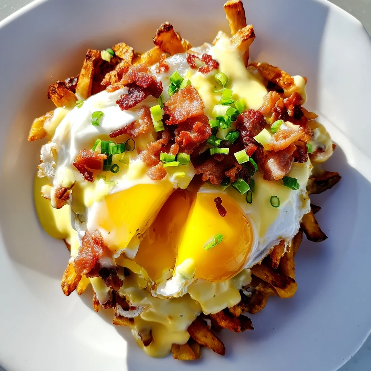 Close-up view of Ultimate Breakfast Poutine with Creamy Hollandaise Sauce, highlighting the vibrant green onions and runny egg yolk over hot fries.