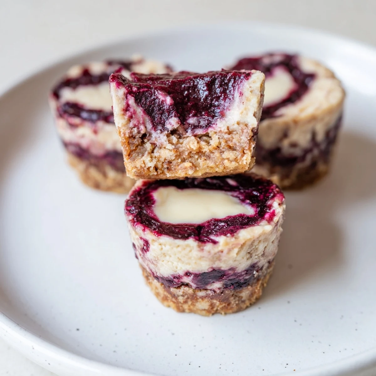 Fourteen Blueberry Cheesecake Protein Bites are arranged on a white plate, topped with a fresh blueberry and mint garnish. 