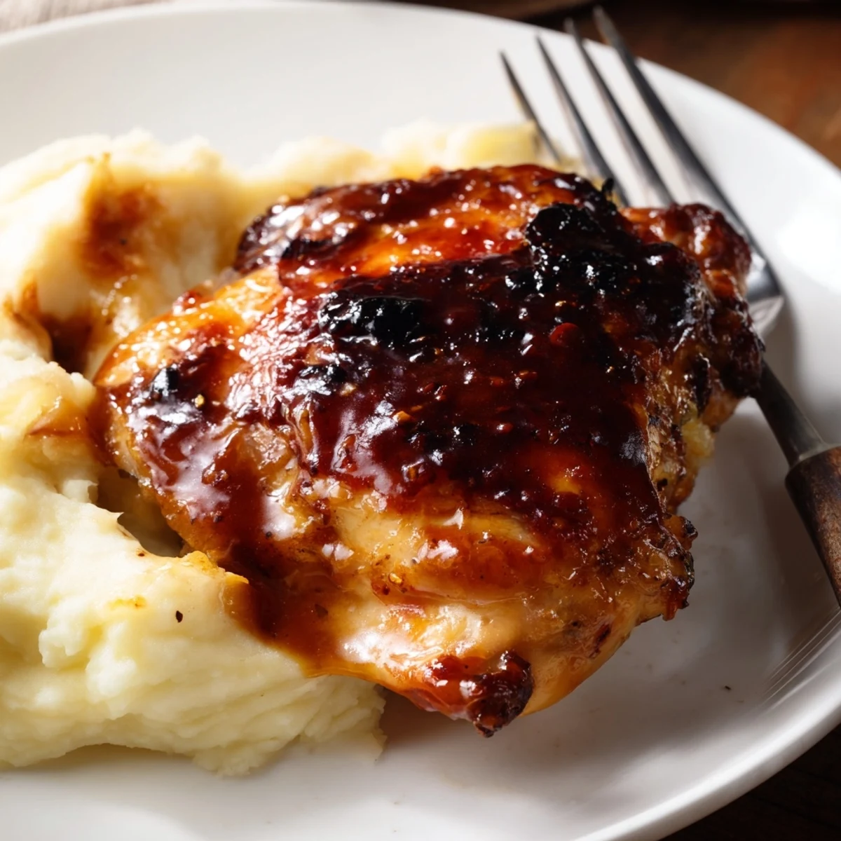 Savory chipotle honey chicken thighs roasted to perfection paired with rich, velvety smoked Gouda mashed potatoes for a comforting dinner.