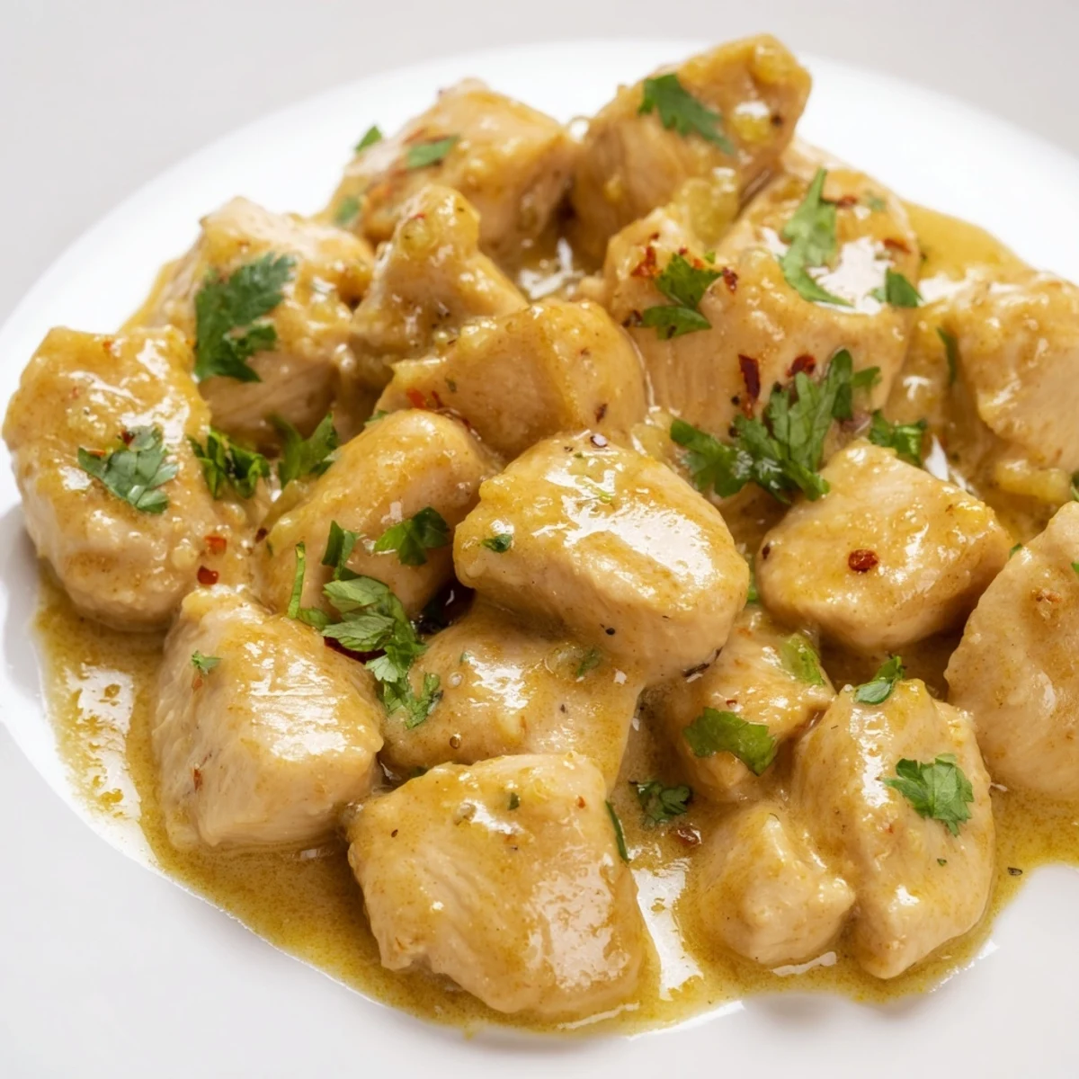 A close-up of Mango Chicken Curry in a skillet, garnished with cilantro, served with basmati rice for a complete meal.