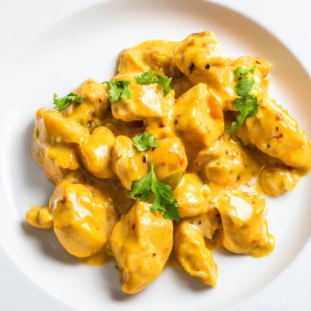 Mango Chicken Curry steaming in a white bowl next to fluffy rice, highlighting the creamy texture and vibrant color.