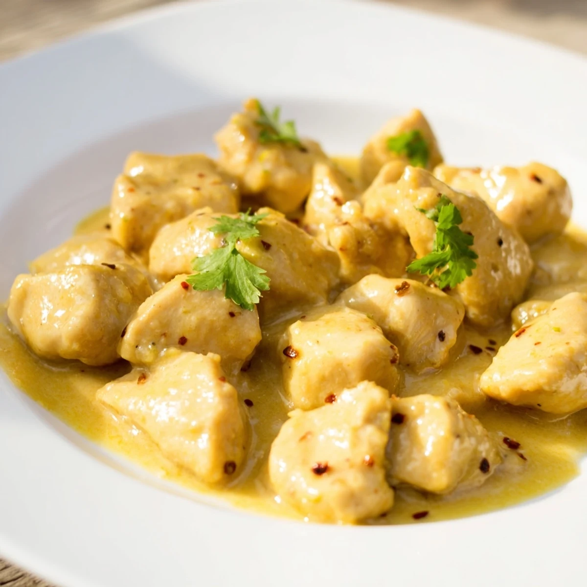 Overhead view of Mango Chicken Curry with a spoon, showing tender chicken pieces in a rich mango coconut sauce.