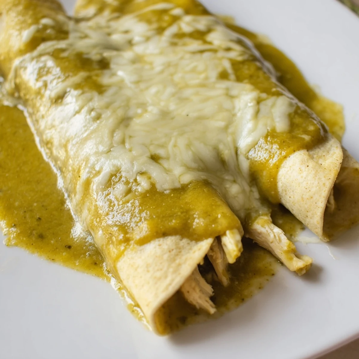 Golden melted cheese blankets the Green Enchiladas With Chicken, stuffed with tender shredded meat and tangy green sauce.
