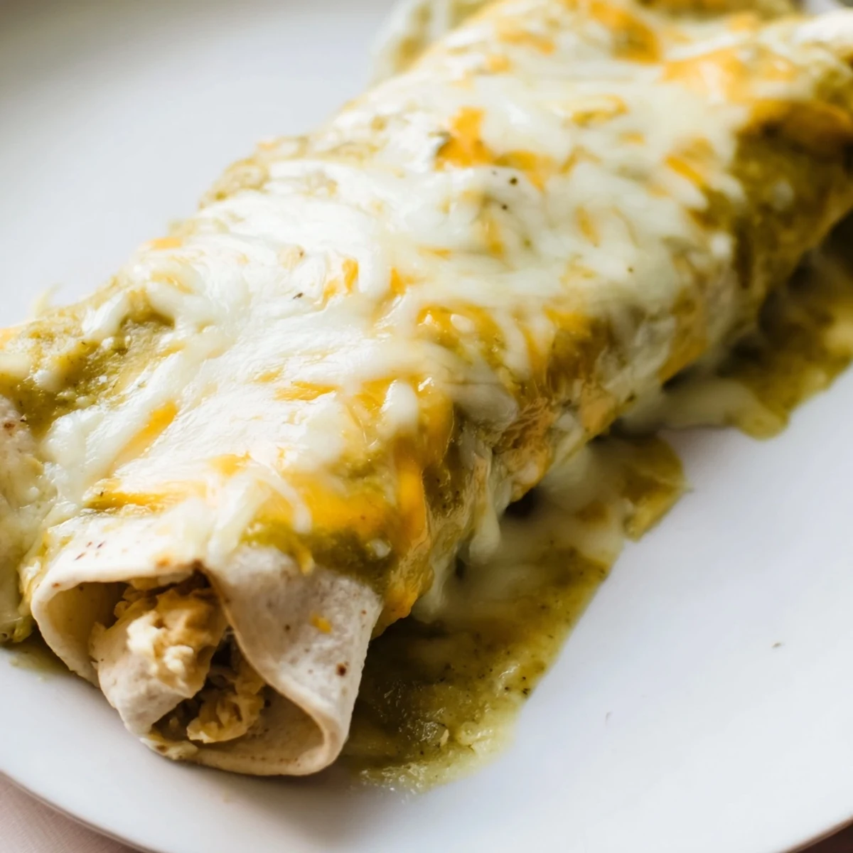 Green Enchiladas With Chicken sit in a white dish garnished with creamy avocado and fresh cilantro.