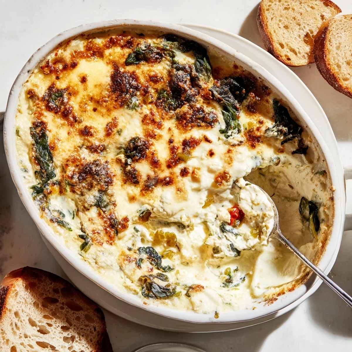 A close-up of baked Spinach and Pepperoncini Baked Feta Dip with golden brown feta and melted cheese bubbling in a white baking dish.