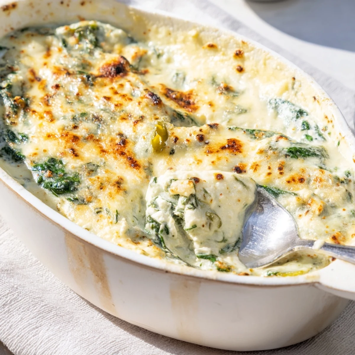 Serving suggestion of warm Spinach and Pepperoncini Baked Feta Dip topped with fresh dill and lemon zest, surrounded by pita chips.