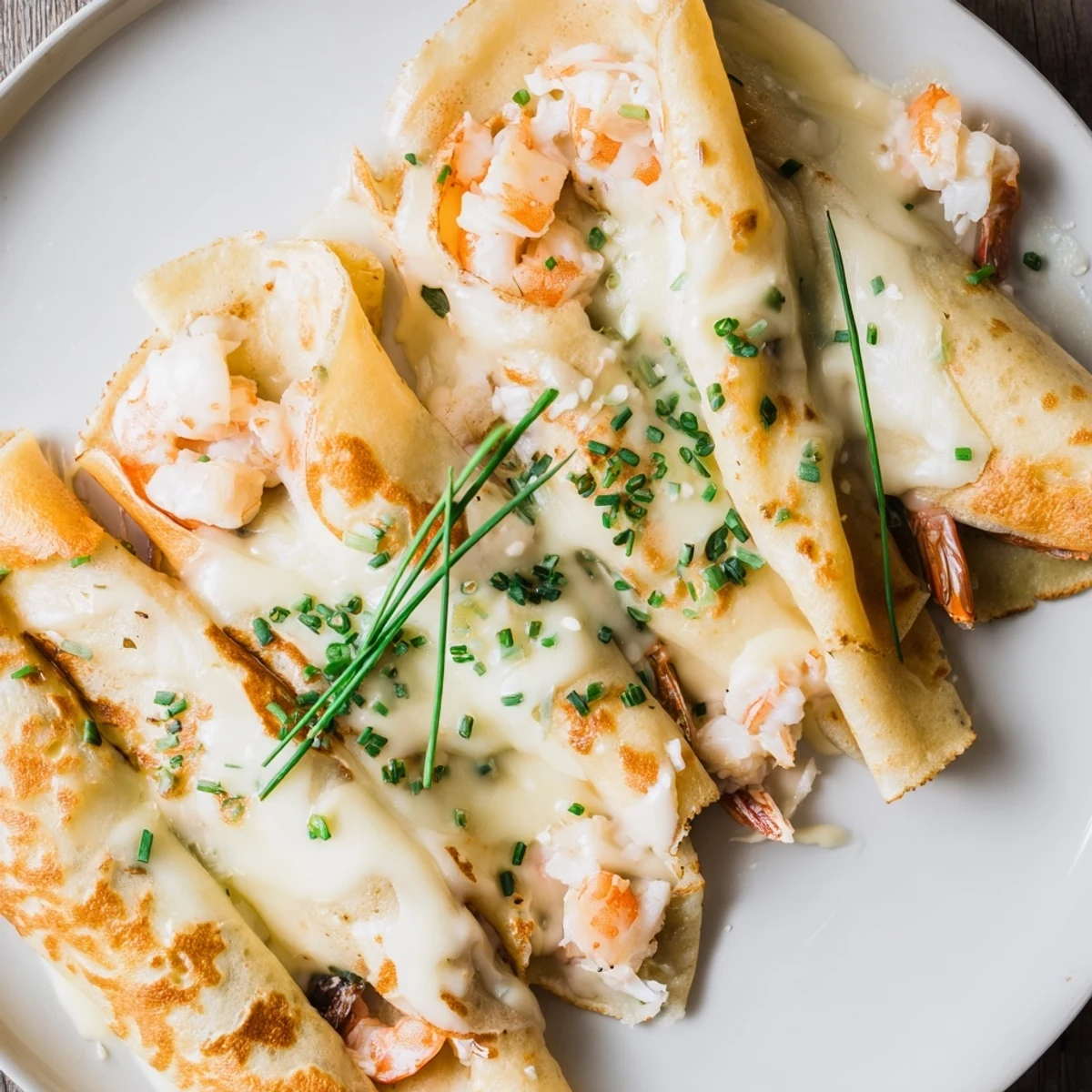 A baking dish of hot Gourmet Seafood Crêpes with homemade béchamel, bubbly Gruyère, and parsley garnish on a rustic table.