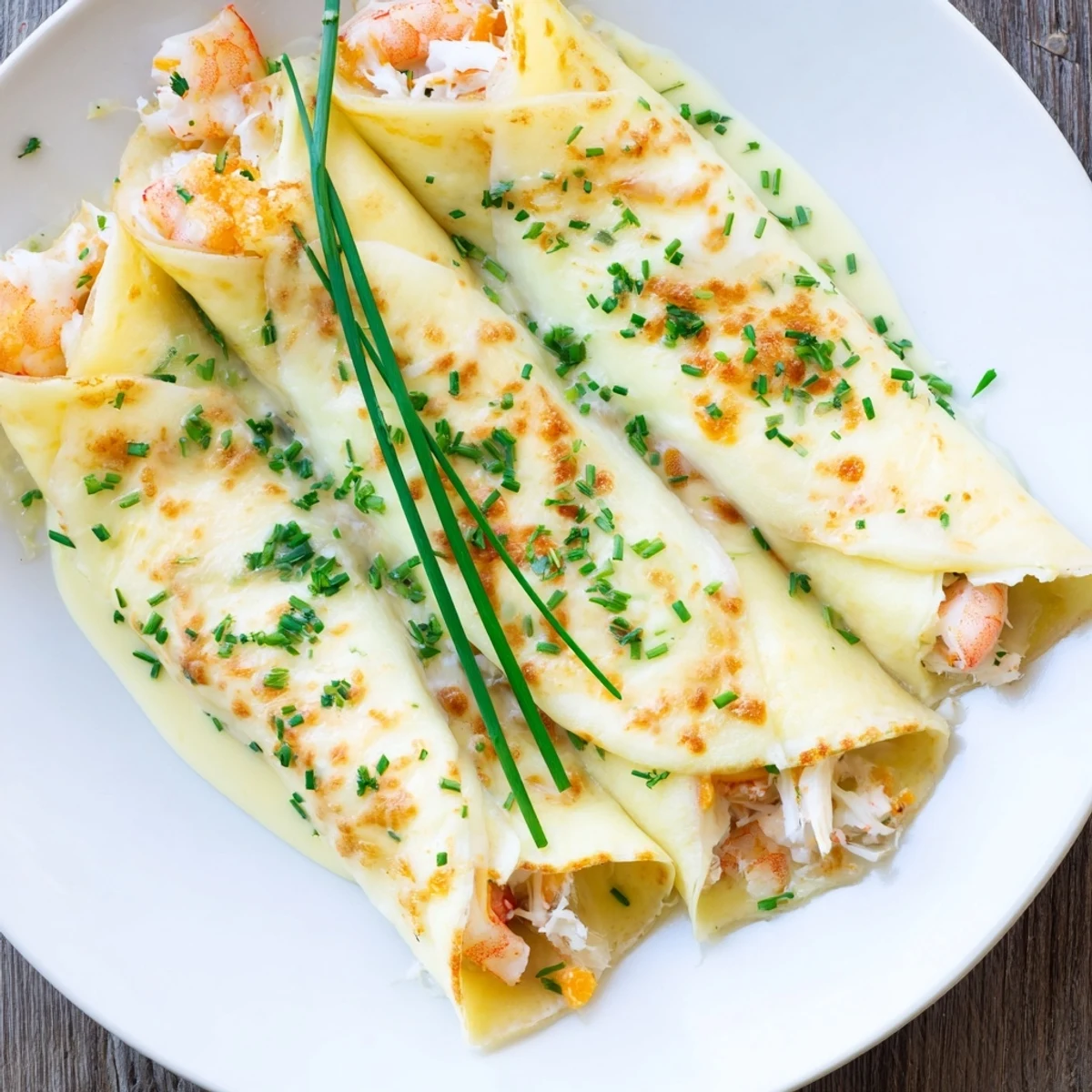 Close-up of Gourmet Seafood Crêpes revealing tender seafood filling and velvety béchamel sauce, served elegantly for a special dinner.
