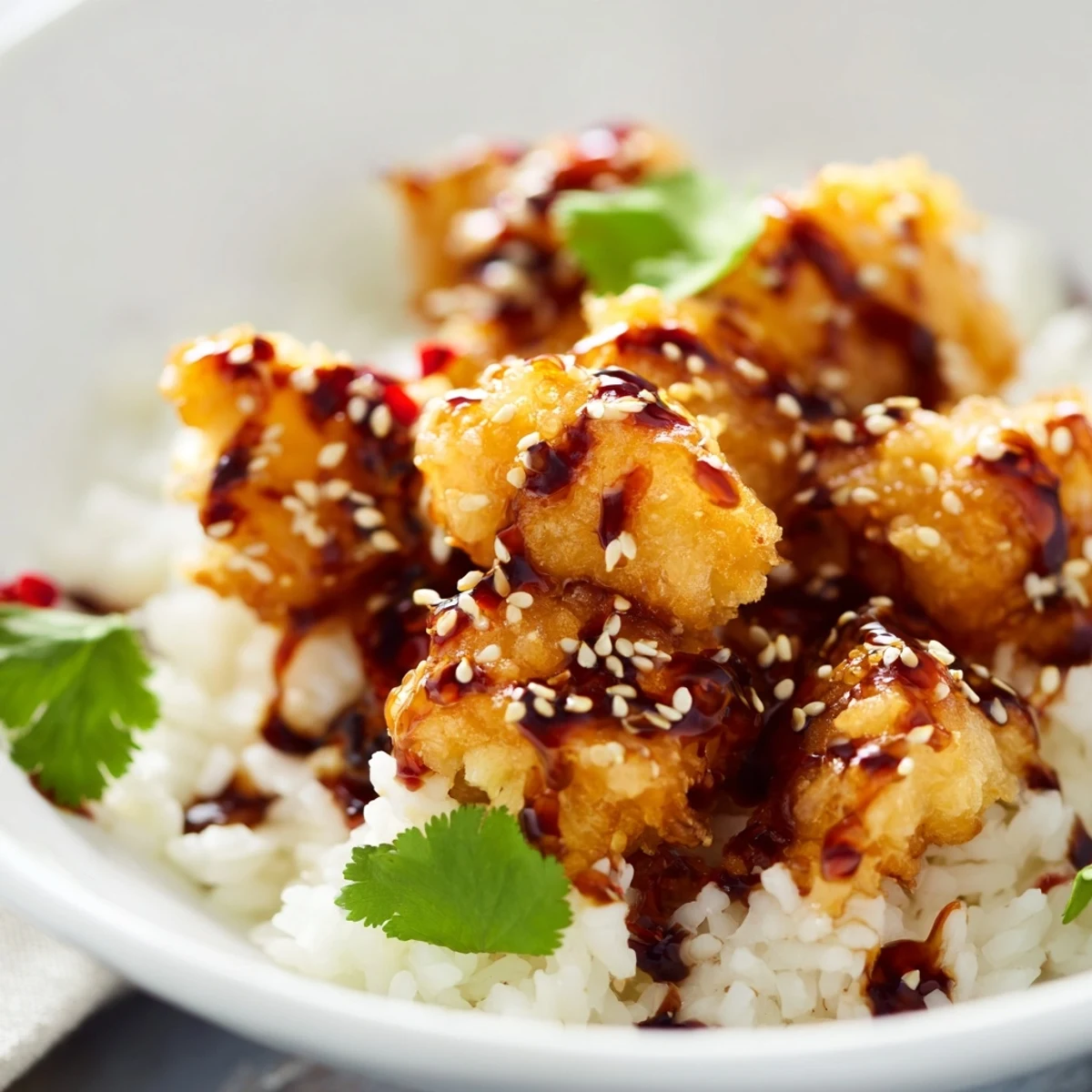 Fluffy jasmine rice topped with golden-battered Sweet & Spicy Cod Strips, drizzled with vibrant chili-garlic oil and garnished with green onions.