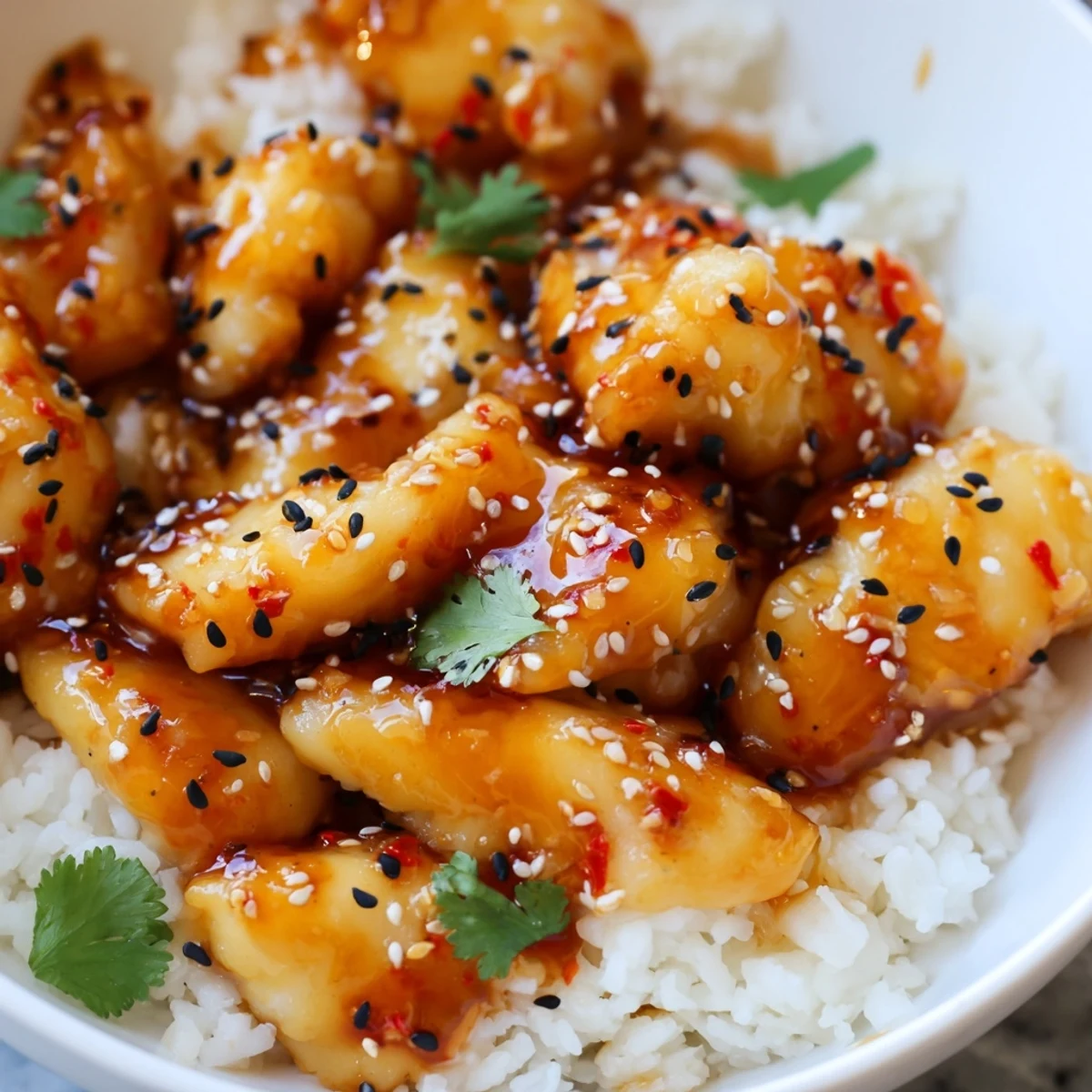 Tender cod strips glazed in a sticky honey-soy mixture, resting on steaming white rice finished with a drizzle of bright red chili-garlic sauce.