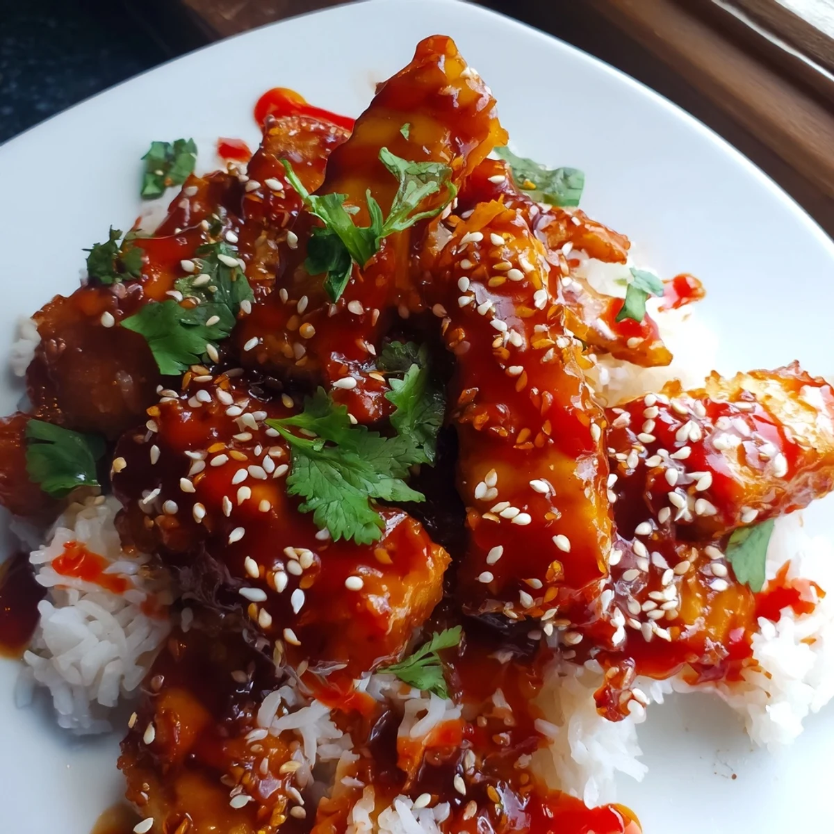 Crispy fried fish pieces tossed in a sweet and spicy glaze, served over a bed of rice and finished with a fragrant chili and lime drizzle.