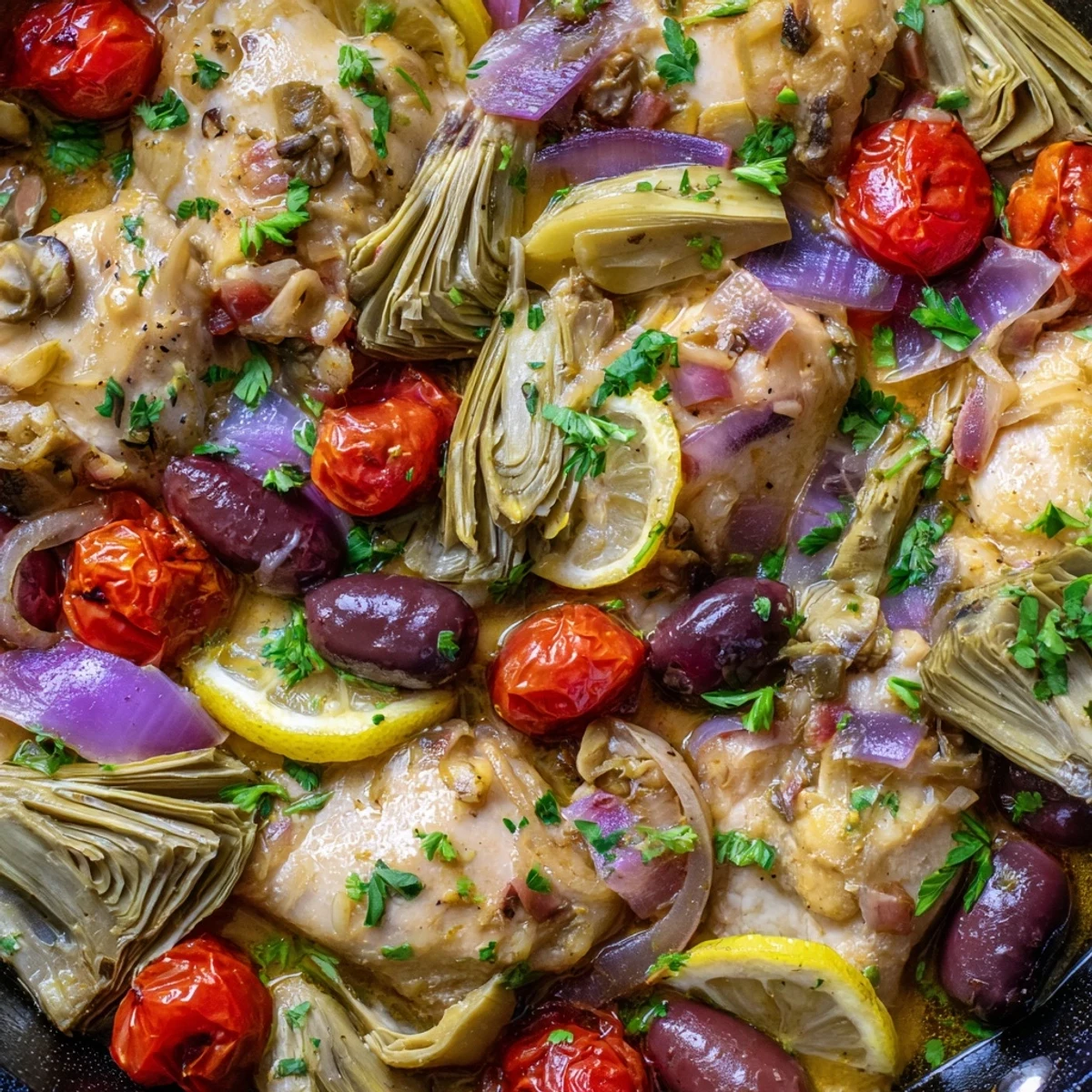 Golden-brown Mediterranean Lemon Chicken with artichokes and olives resting in a rustic skillet, garnished with fresh parsley.
